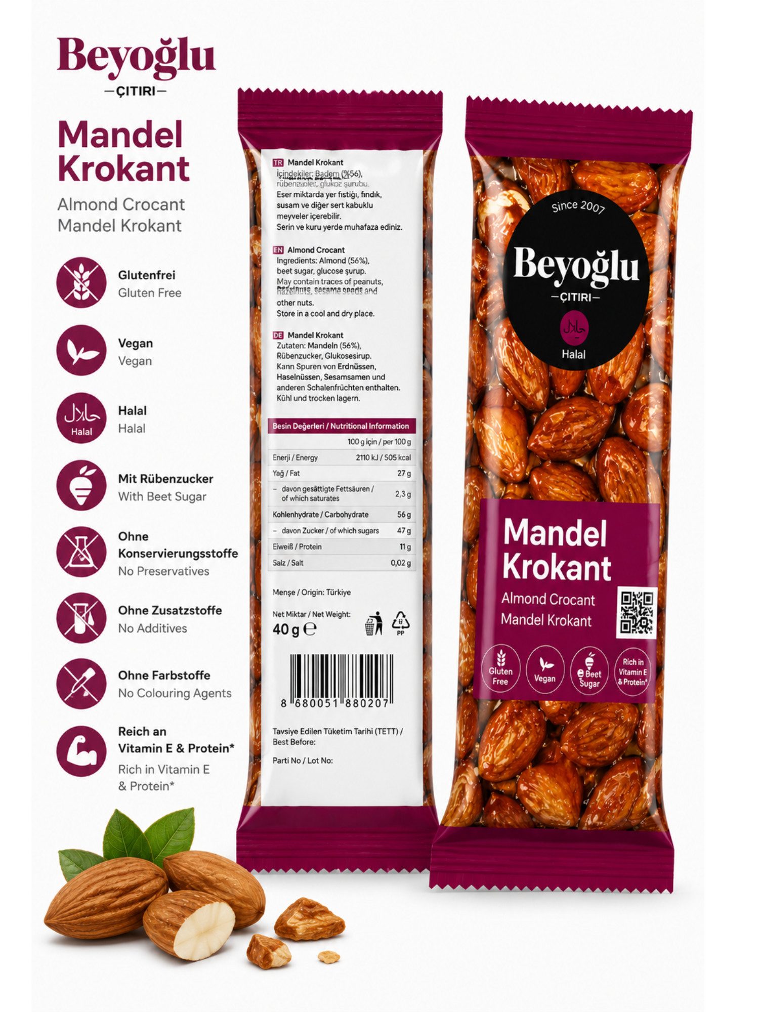 Beyoglucitiri Cerealien Beyoğlu Mandelkrokant 40 g, 1 x, Mit 56 % Mandeln Glutenfrei Mit Rübenzucker Ohne Konservierungsstoffe