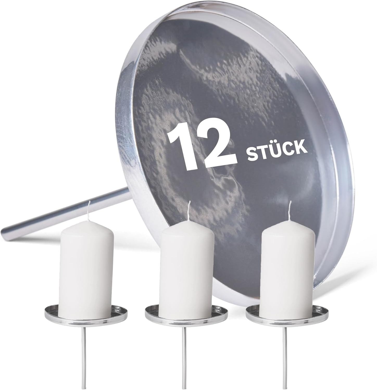 Novaliv Kerzenständer 20503-12x (12 St), 12x Kerzenpin flach ohne Dorn 9cm Silber rund Kerzenpin Weihnachtskran
