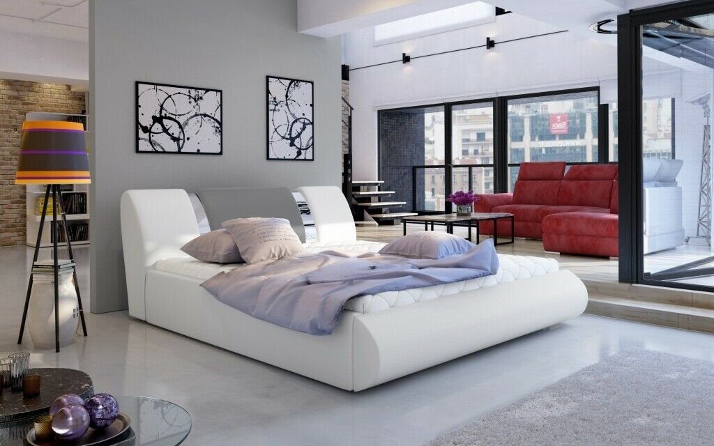 JVmoebel Bett, Luxus Schlafzimmer Bett Polster Design 180x200cm Weiß/Grau