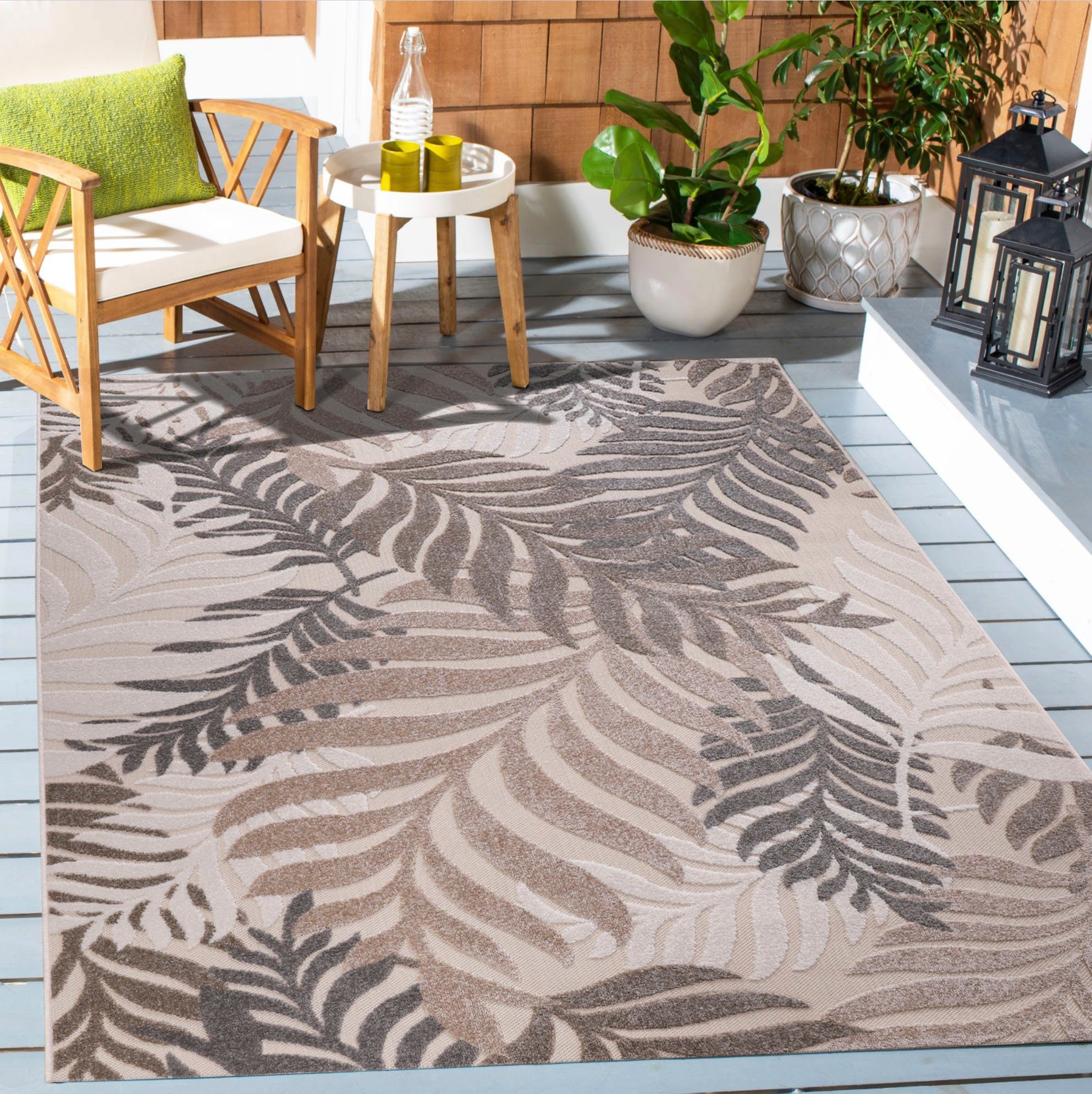 Teppich Floral, Sanat, rechteckig, Höhe: 6 mm, In- und Outdoor geeignet, florales Design, Balkon, Terasse creme | Kurzflor-Teppiche