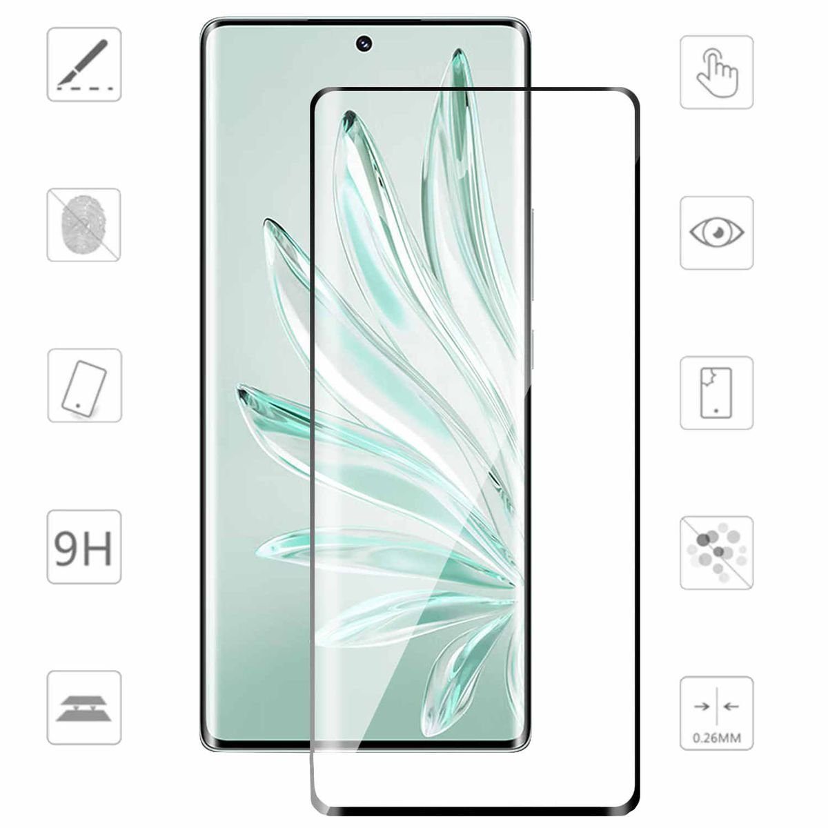 Wigento Handyhülle Für Honor 70 2x 4D Premium 0,3 mm H9 Curved Hart Glas Panzer Schwarz Folie Schutz Hülle Neu