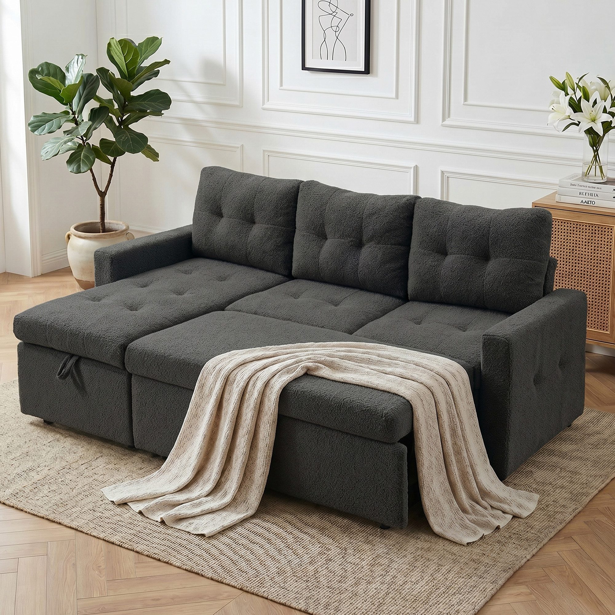 Jiexi Schlafsofa Ecksofa mit Schlaffunktion Teddy-Fleece L-Form Sofa Bettkasten