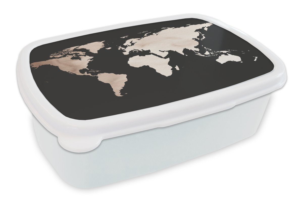 MuchoWow Lunchbox Weltkarte - Braun - Schwarz, Kunststoff, (2-tlg), Brotbox für Kinder und Erwachsene, Brotdose, für Jungs und Mädchen weiß