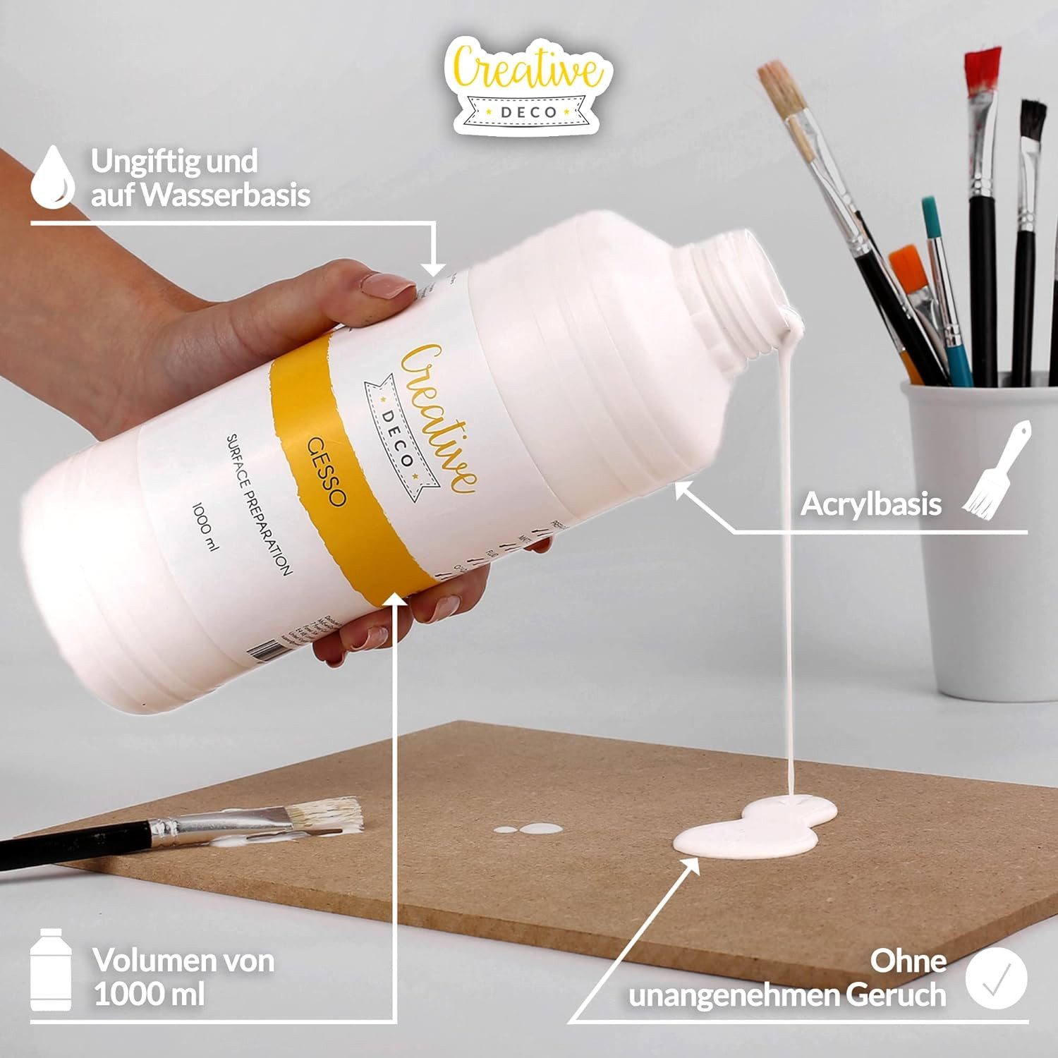 Creative Deco Grundierfarbe Professionell Gesso 1L Perfekte Grundierung für Malerei, Primer für Acryl-Farben, Öl-Farben, Pouring, Decoupage