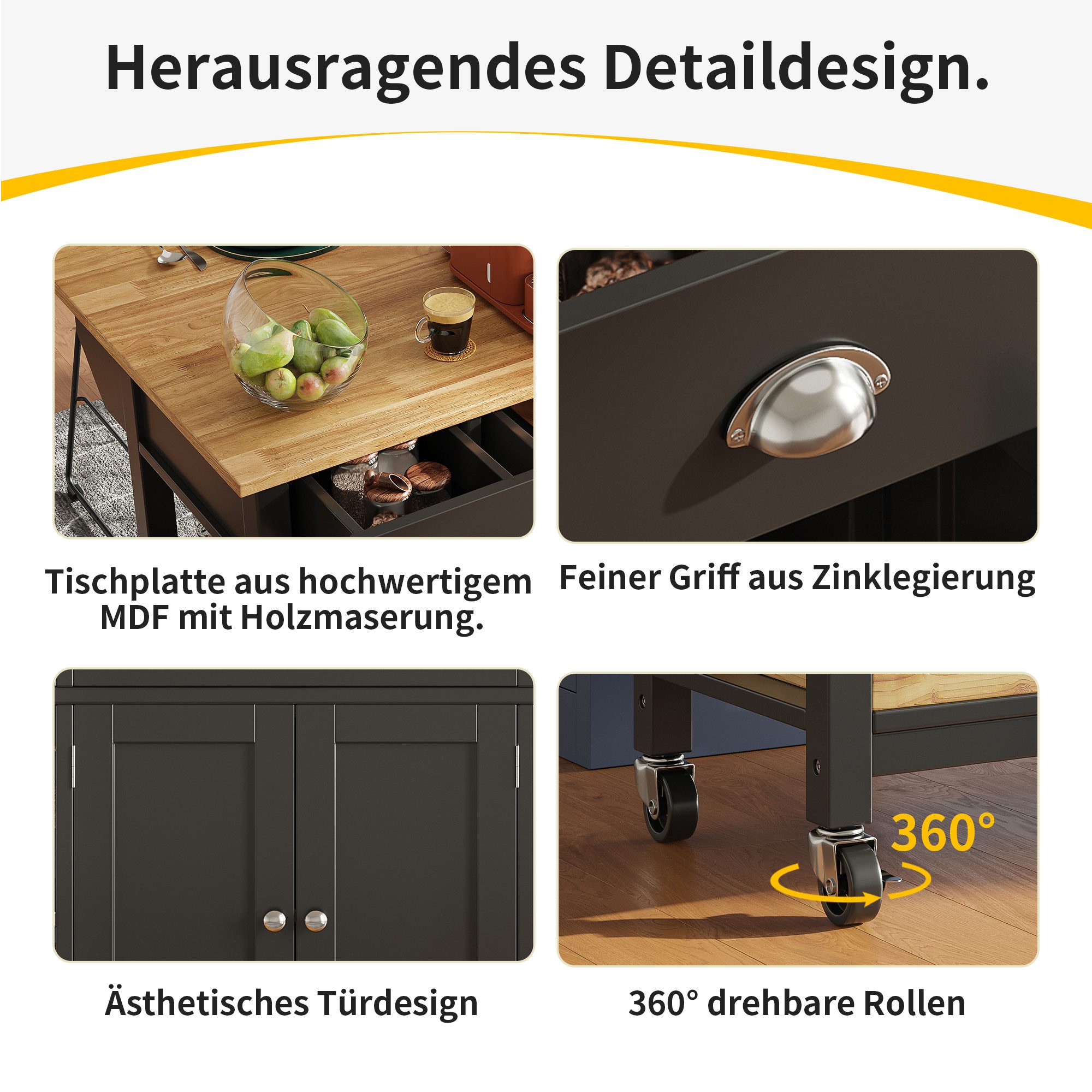 i@home Kücheninsel Küchenschrank, Essschrank, Esszimmerwage,360 Grad drehbare Räder, (Bis 60 kg belastbar, 2 Schiebetüren und 2 Schubladen,120×45×90cm), Multifunktions-Esstisch mit Kiefernkorb Aufbewahrungskorb, schwarz