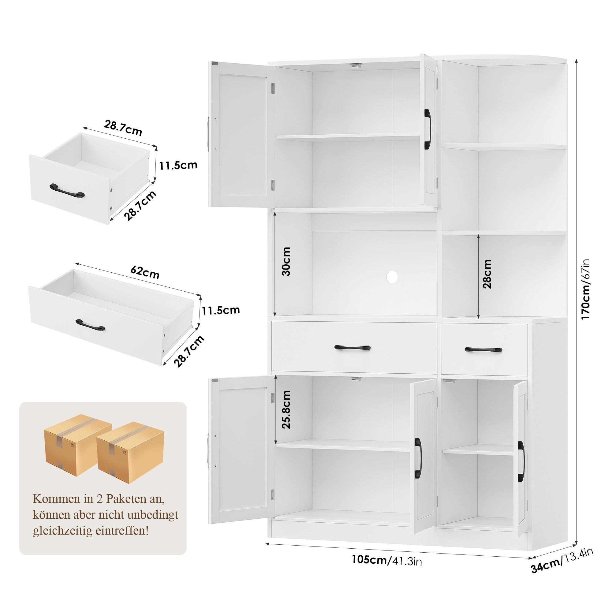 HOMECHO Küchenbuffet 177cm Hohe Buffetschrank Weiß mit 5 Türen und 3 Eckregal