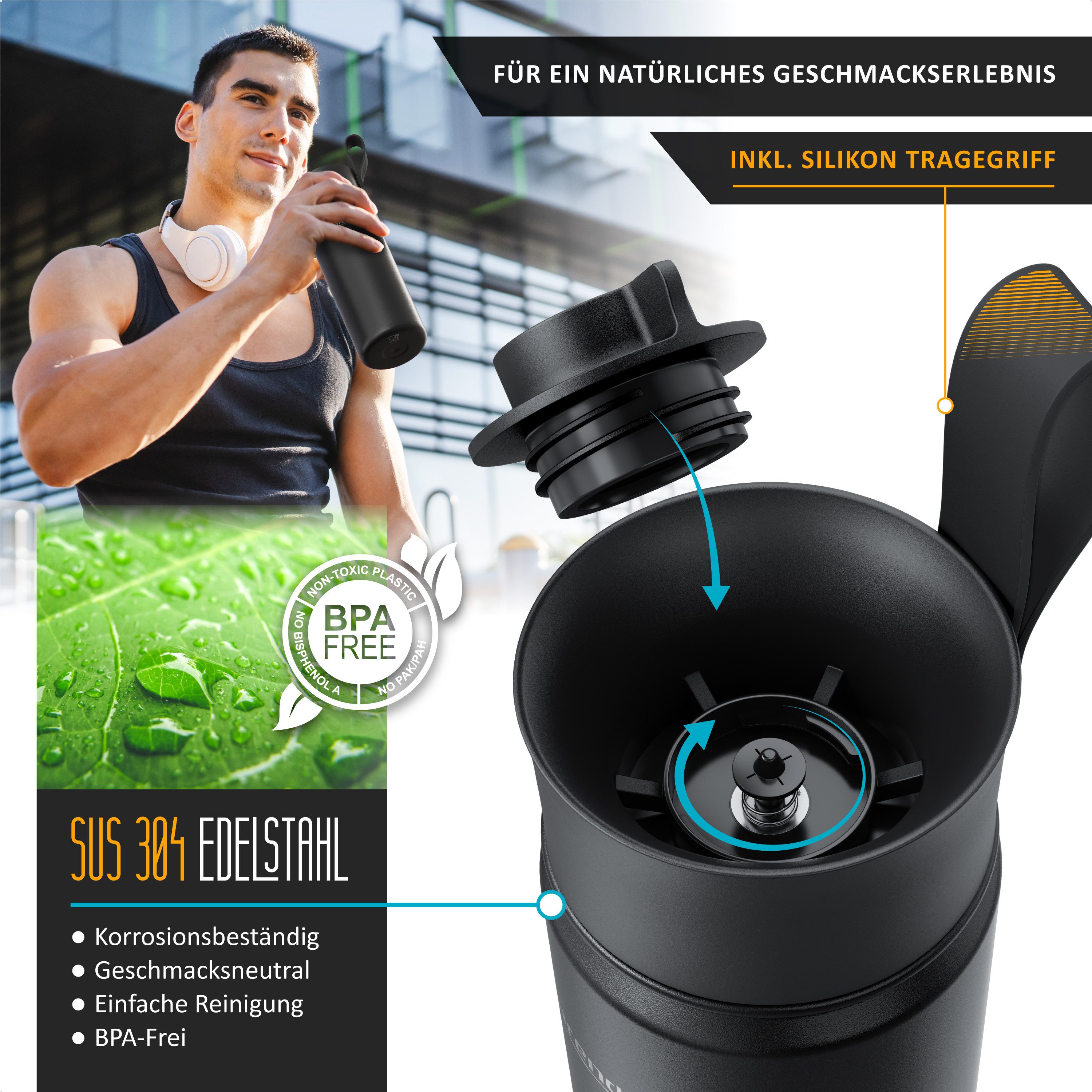 Arendo Thermoflasche auslaufsichere Isolierflasche, Edelstahl Trinkflasche für Unterwegs, hält Stundelang kalt & warm, BPA-frei, geschmacksneutral, 0,5l