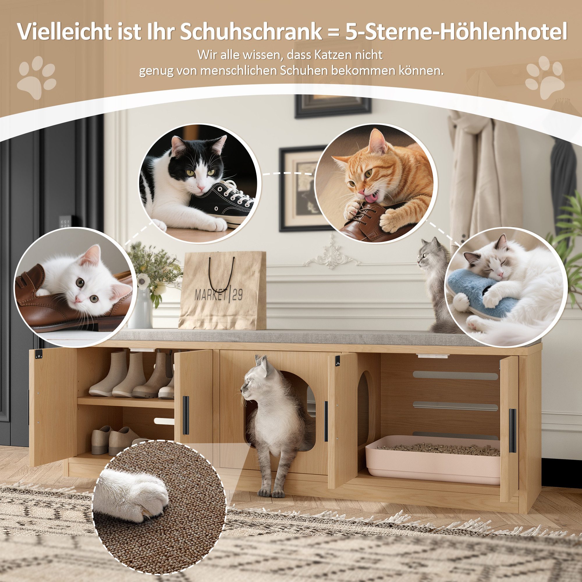 i@home Katzentoilette 4-in-1 Katzenschrank 140×40×45 cm, Verstecktes Katzenklo, Schuhschrank, Kratzmatte & Sitzbank, Belüftung