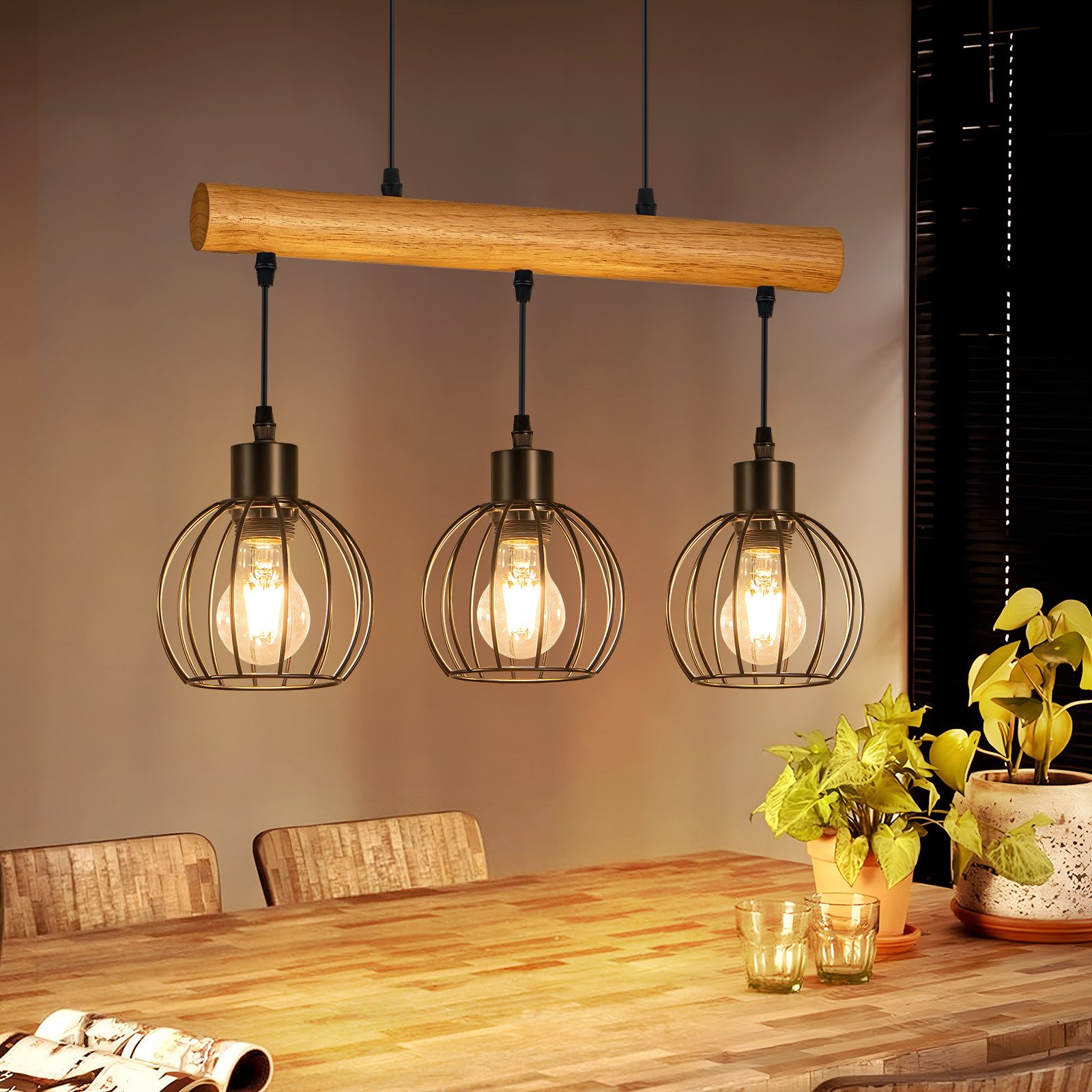 Nettlife Pendelleuchte Vintage 3/4 flammig schwarz Hängelampe aus Holz im Industrial Design, ohne Leuchtmittel, Retro Hängeleuchte für Esstisch Küche Wohnzimmer Bar Eisen
