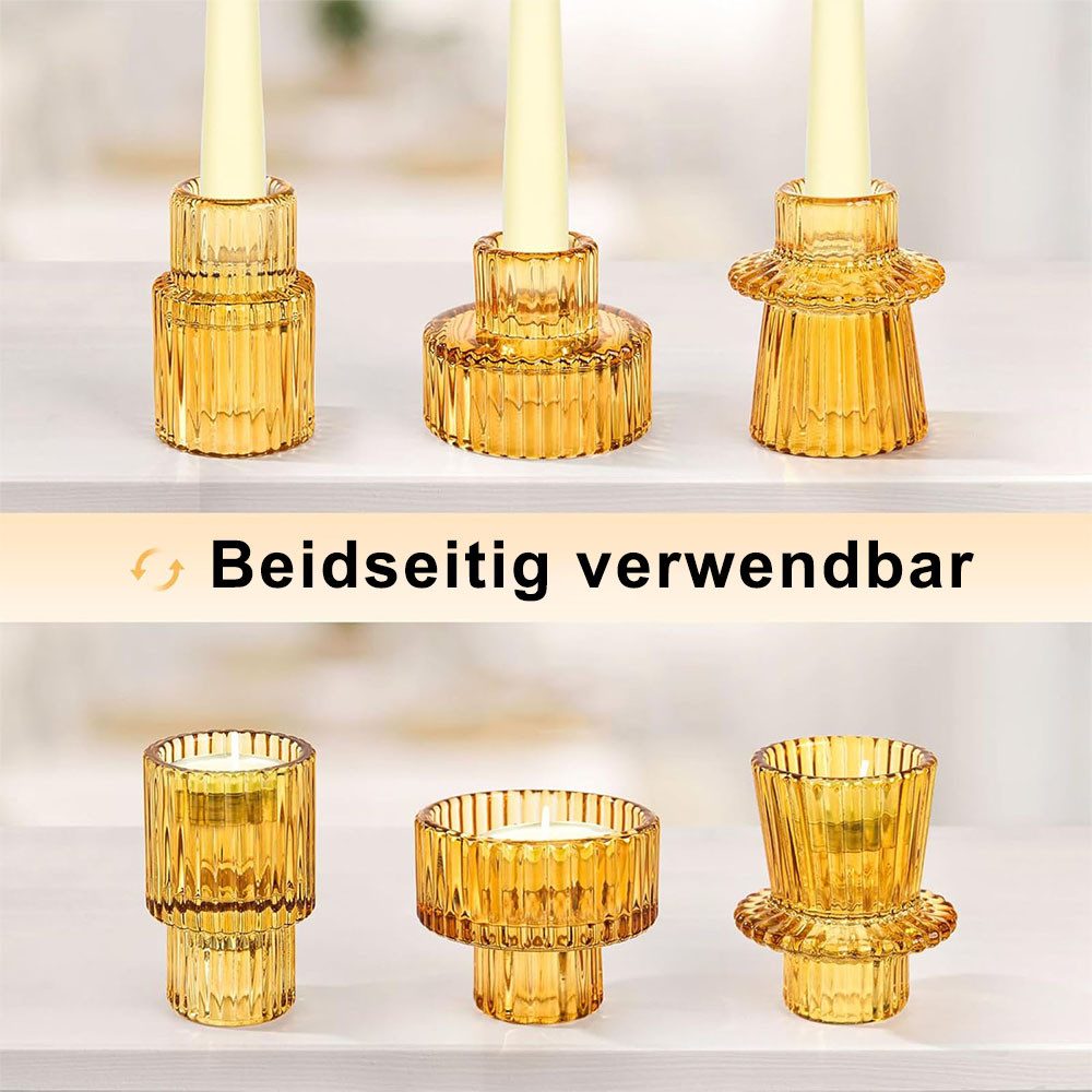 AFKSMILE Kerzenhalter 6er-Set Glas-Kerzenhalter, 2-in-1-Teelichthalter für Tischdekorationen, Doppelseitige Vintage-Kerzenhalter aus geripptem für Dinnerpartys – Bild 4 von 5