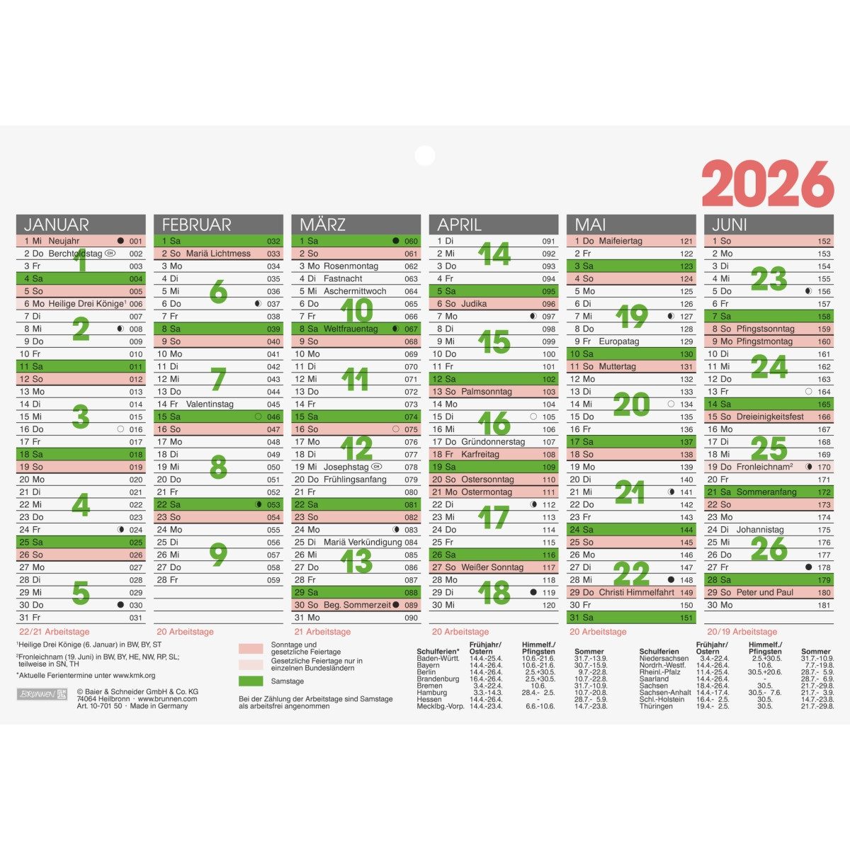 BRUNNEN Terminplaner Tafelkalender A5quer 2026