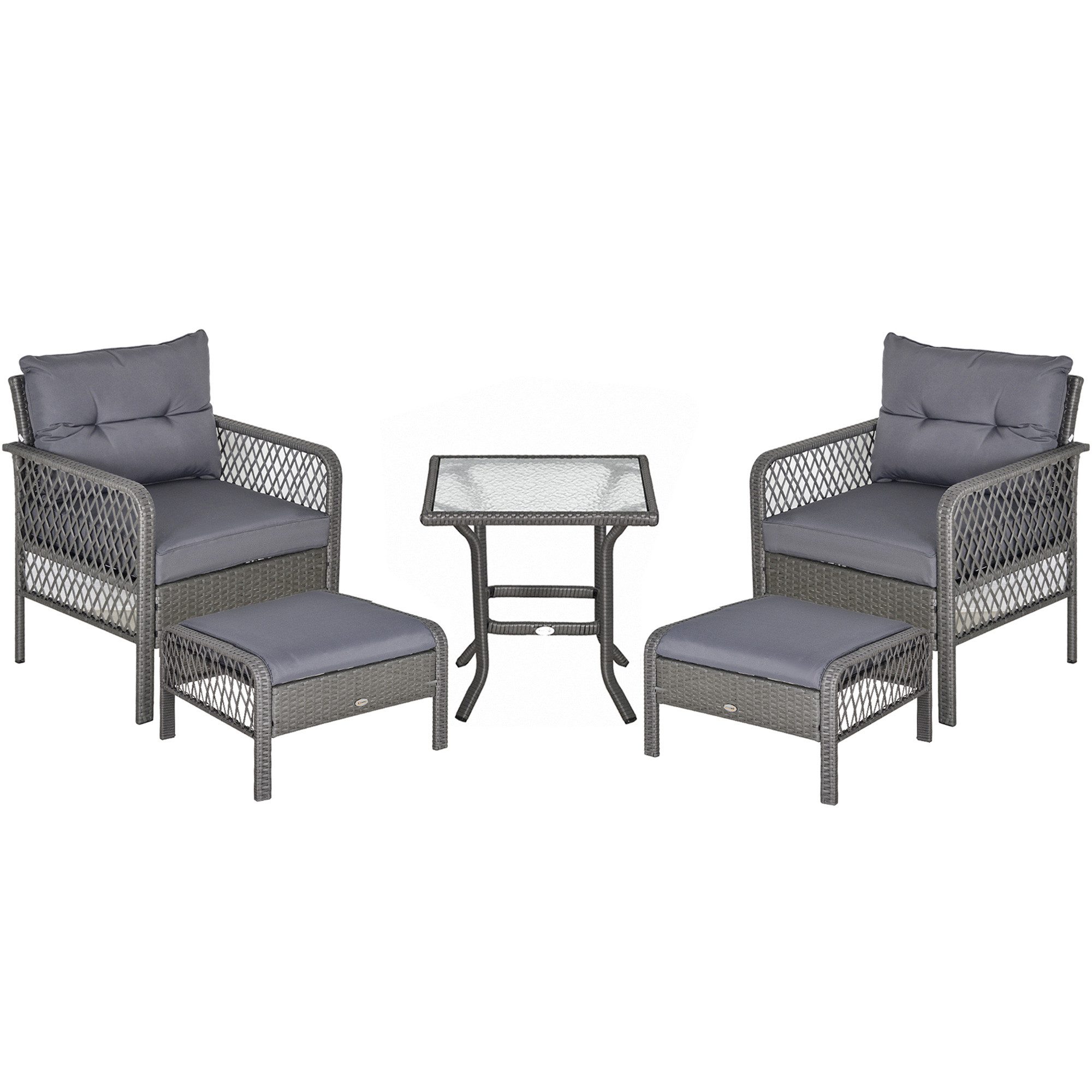 Outsunny Sitzgruppe Rattan Gartenmöbel Set für 4 Personen 5-TLG mit Hocker Tisch, (Gartenmöbel, 5-tlg., Balkonmöbel), Metall Grau 65 x 66 x 75 cm