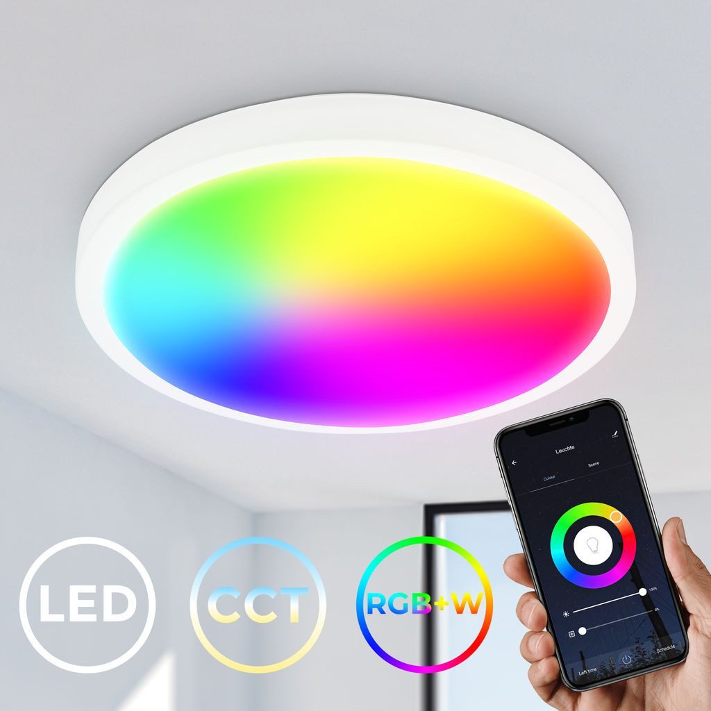 B.K.Licht Deckenleuchte Smart LED Deckenlampe dimmbar RGBW Farbwechsel weiß BKL1585, Bluetooth, LED fest integriert, 2700K - Extra-Warmweiß, Flaches CCT Panel Büro Wohnzimmer rund 27cm IOS Android Timer Memory