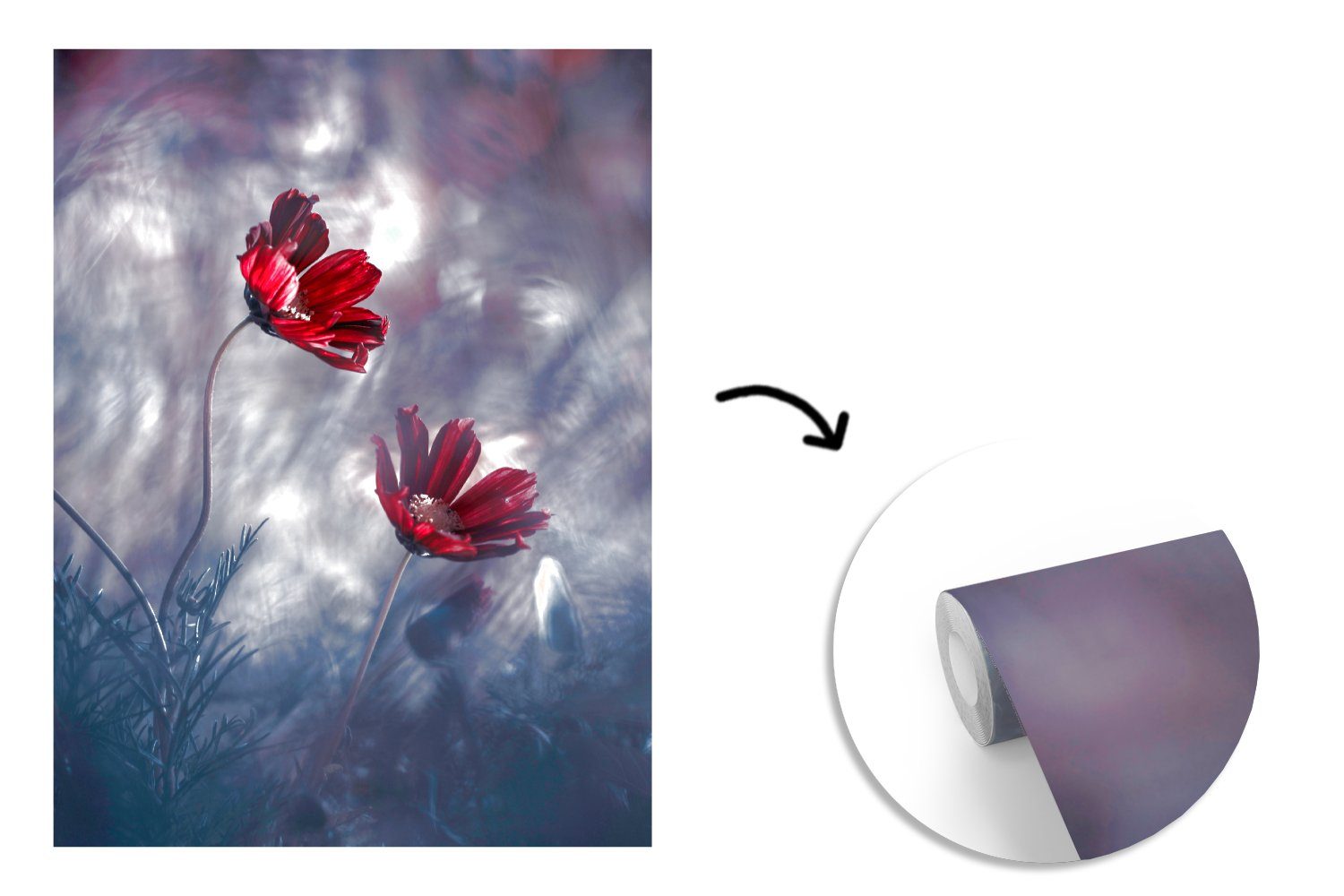 - (4 Blumen - bedruckt, MuchoWow Rot Vinyl Matt, für Wohnzimmer, Fototapete Pflanzen Wandtapete Natur, - Tapete Montagefertig St),