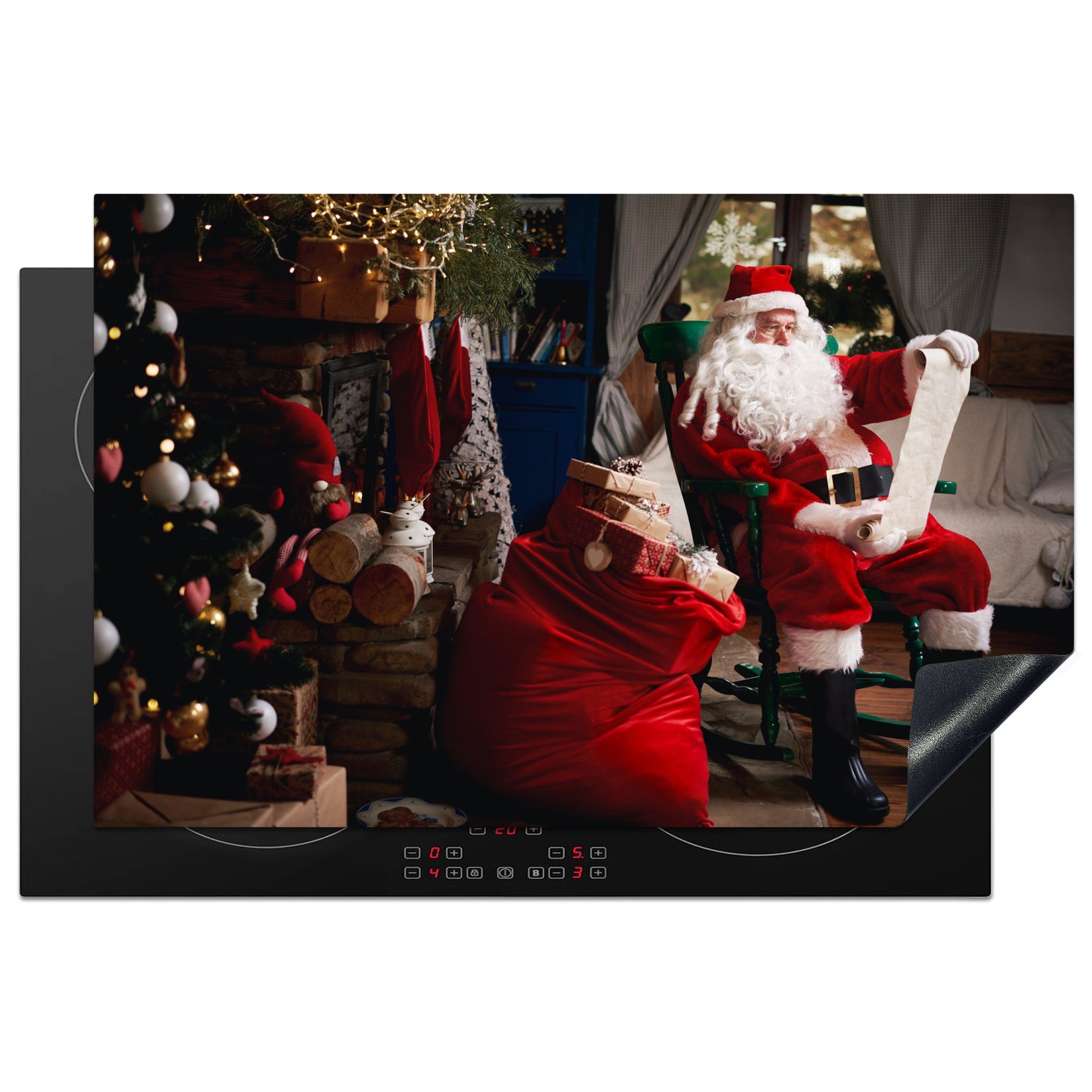 MuchoWow Herdblende-/Abdeckplatte Der Weihnachtsmann sitzt auf einem Stuhl mit einem Sack voller, Vinyl, (1 tlg), 81x52 cm, Induktionskochfeld Schutz für die küche, Ceranfeldabdeckung