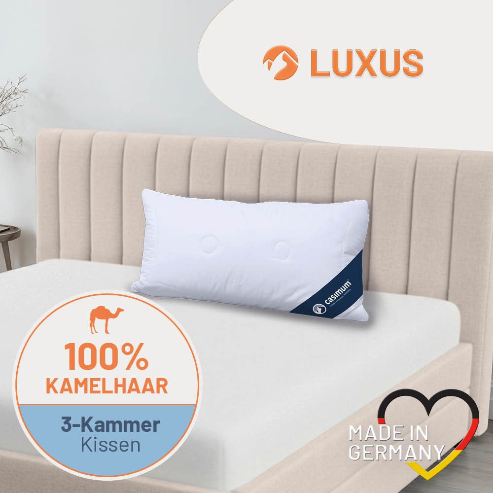 casimum 3-Kammer-Kopfkissen LUXUS Kamelhaar-Kissen 80x80, Kissen 40x80, hergestellt in Deutschland, Füllung: 100% Kamelhaar (Außenkammer), Bezug: 100 % Baumwolle, Seitenschläfer, Rückenschläfer, anschmiegsam & stützend, für Allergiker geeignet, atmungsaktiv