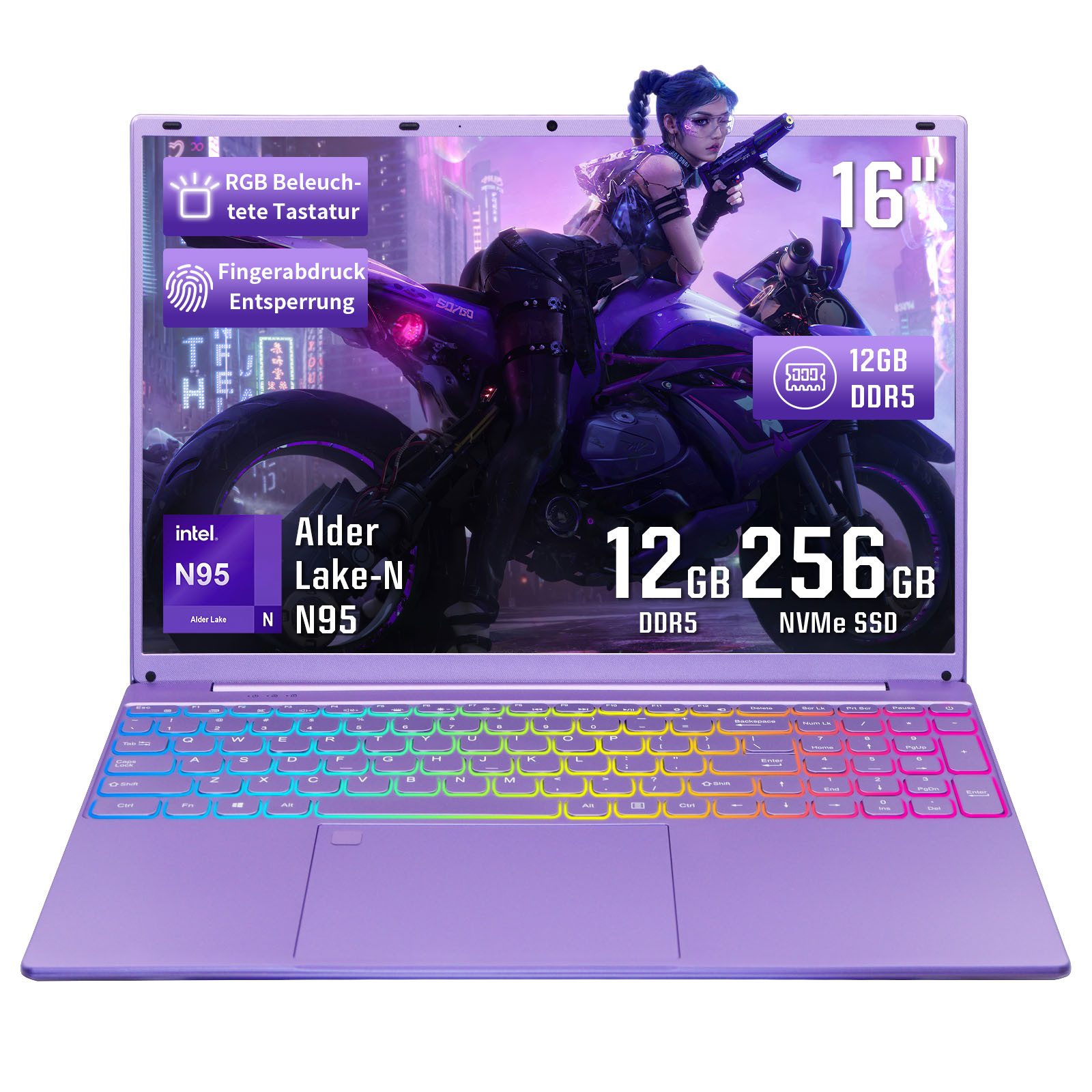 LONGEVINCE 16" Laptop, FHD Display, N95 CPU, 180° Scharnierdesign Notebook (40,64 cm/16 Zoll, Intel Alder Lake-N, Intel UHD Graphics, 12 GB, 256 GB SSD, Tastatur mit Hintergrundbeleuchtung, Fingerabdruckerkennung, Lila)