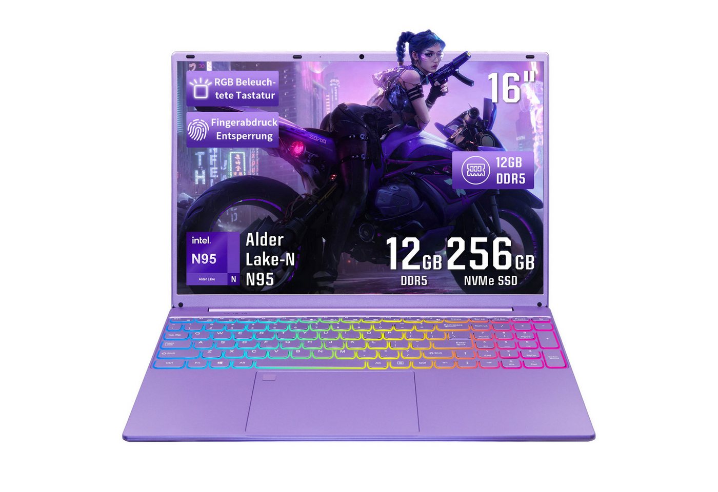 LONGEVINCE 16" Laptop, FHD Display, N95 CPU, 180° Scharnierdesign Notebook (40,64 cm/16 Zoll, Intel Alder Lake-N, Intel UHD Graphics, 12 GB, 256 GB SSD, Tastatur mit Hintergrundbeleuchtung, Fingerabdruckerkennung, Lila)