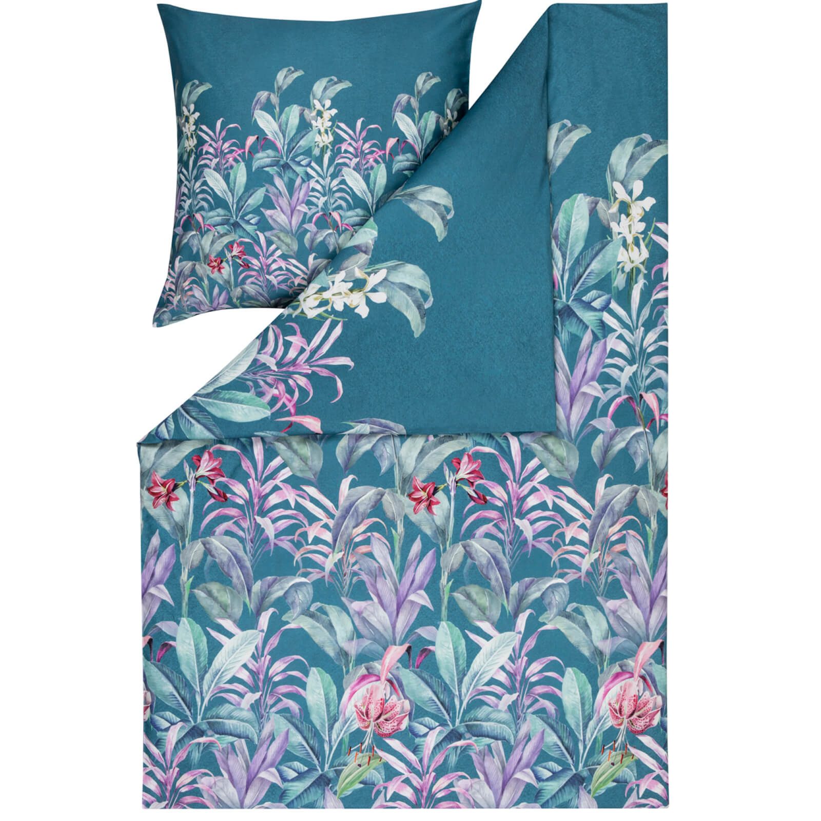 Estella Bettwäsche Maze 4766 050 Petrol, Mako-Satin, 3 teilig, Lilien, Pflanzen, Natur, exotisch