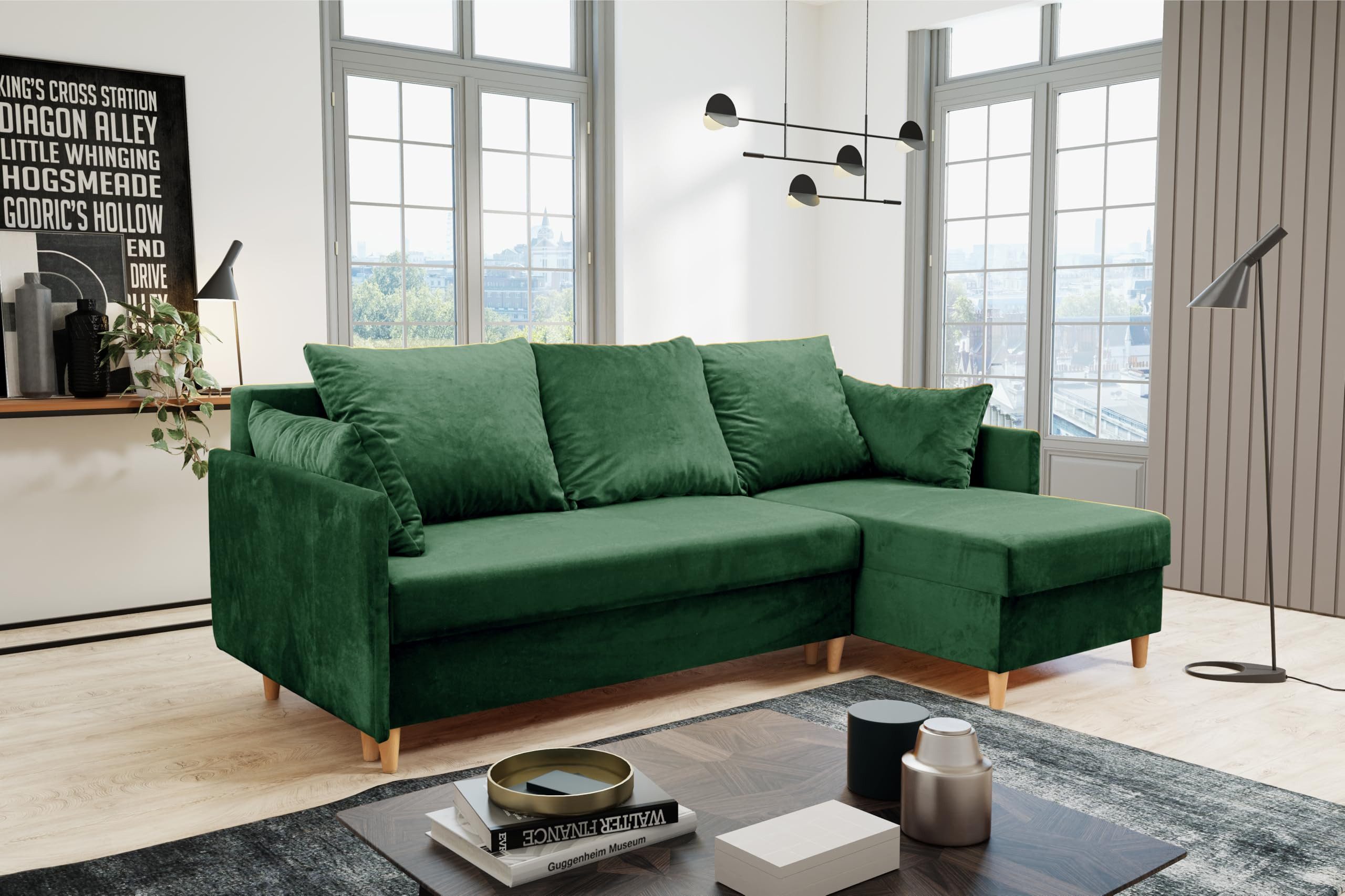 KIER FURNITURE Ecksofa 210x140 cm, Sofa mit Schlaffunktion und Bettkasten, Samt Grün
