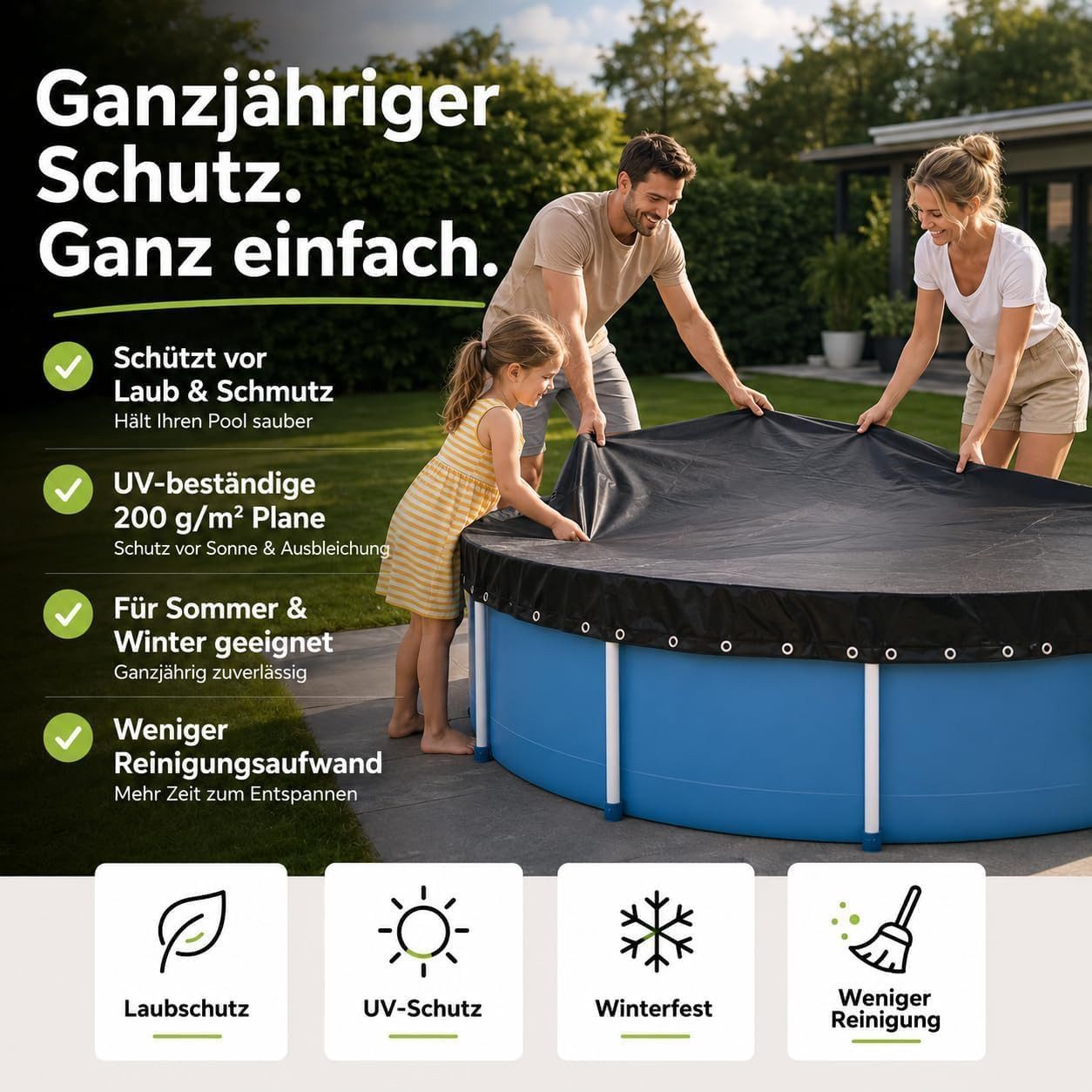 Gartiva® Poolüberdachung Poolabdeckplane rund schwarz – 200 g/m² Solar Poolplane UV-beständig