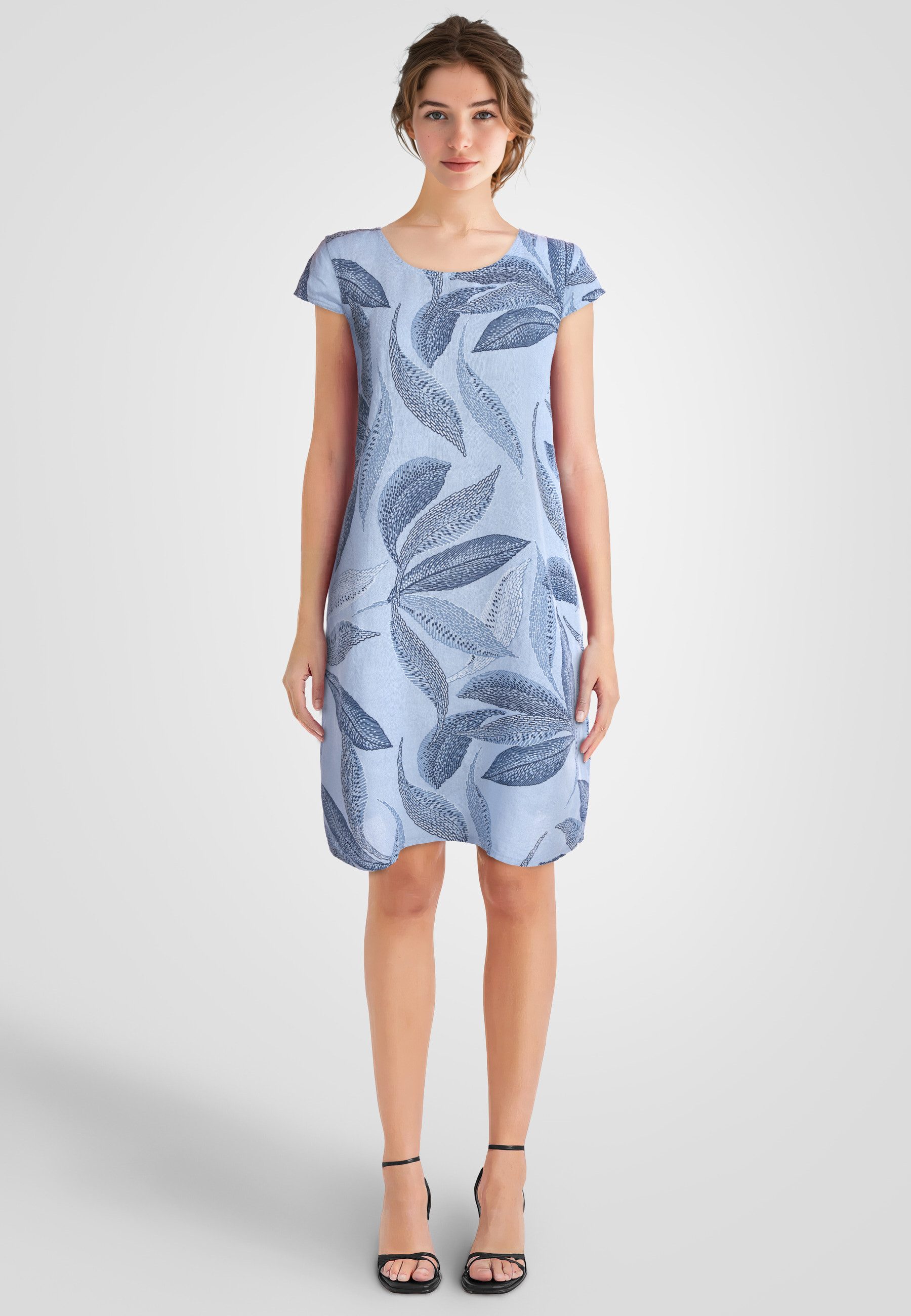 PEKIVESSA Sommerkleid Leinenkleid knielang kurzarm mit Blattmuster