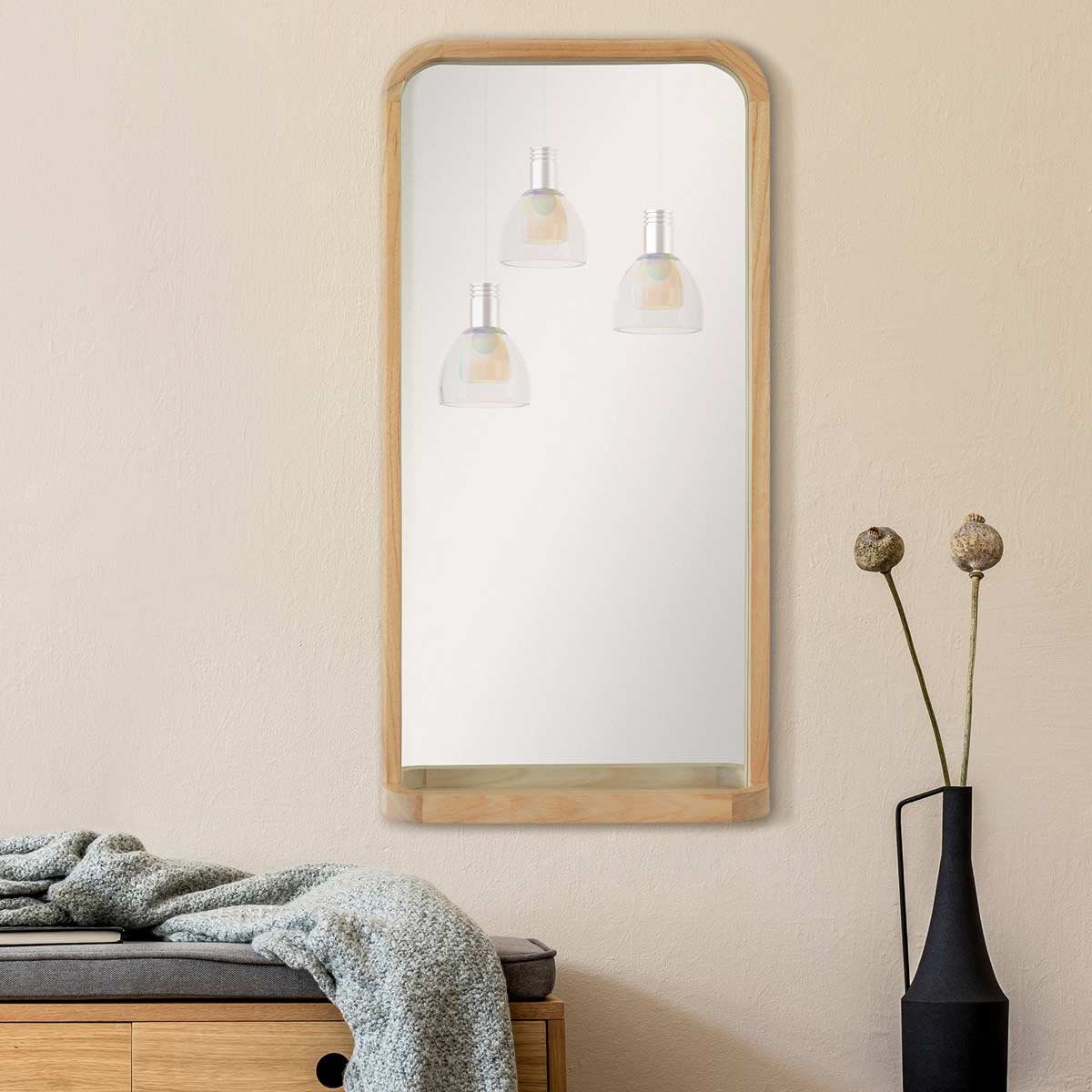 PHOTOLINI Spiegel mit Holzrahmen und praktischer Ablagefläche, Wandspiegel  Naturholz