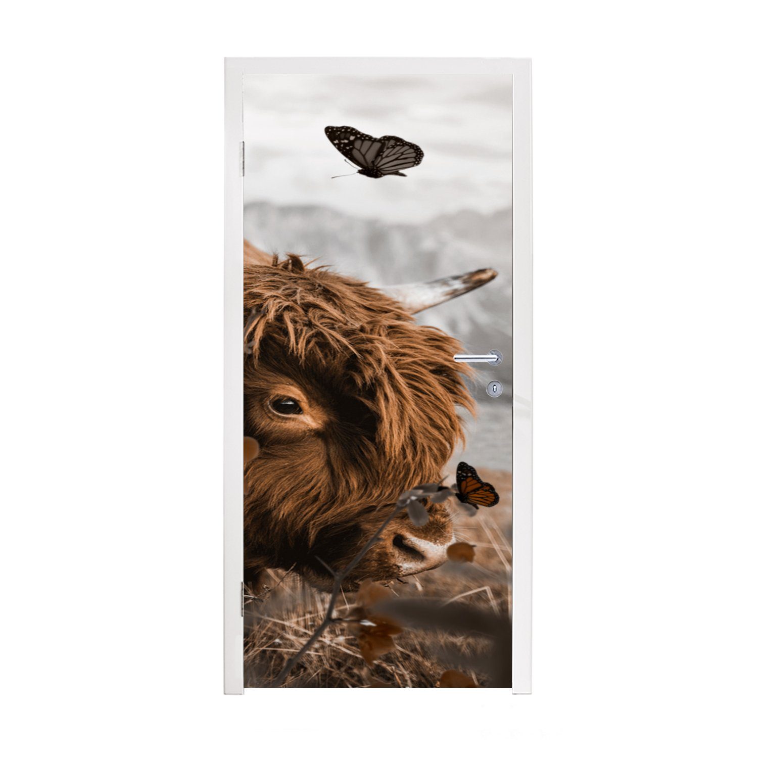 MuchoWow Türtapete Schottischer Hochländer - Schmetterling - Insekten, Matt, bedruckt, (1 St), Fototapete für Tür, Türaufkleber, 75x205 cm