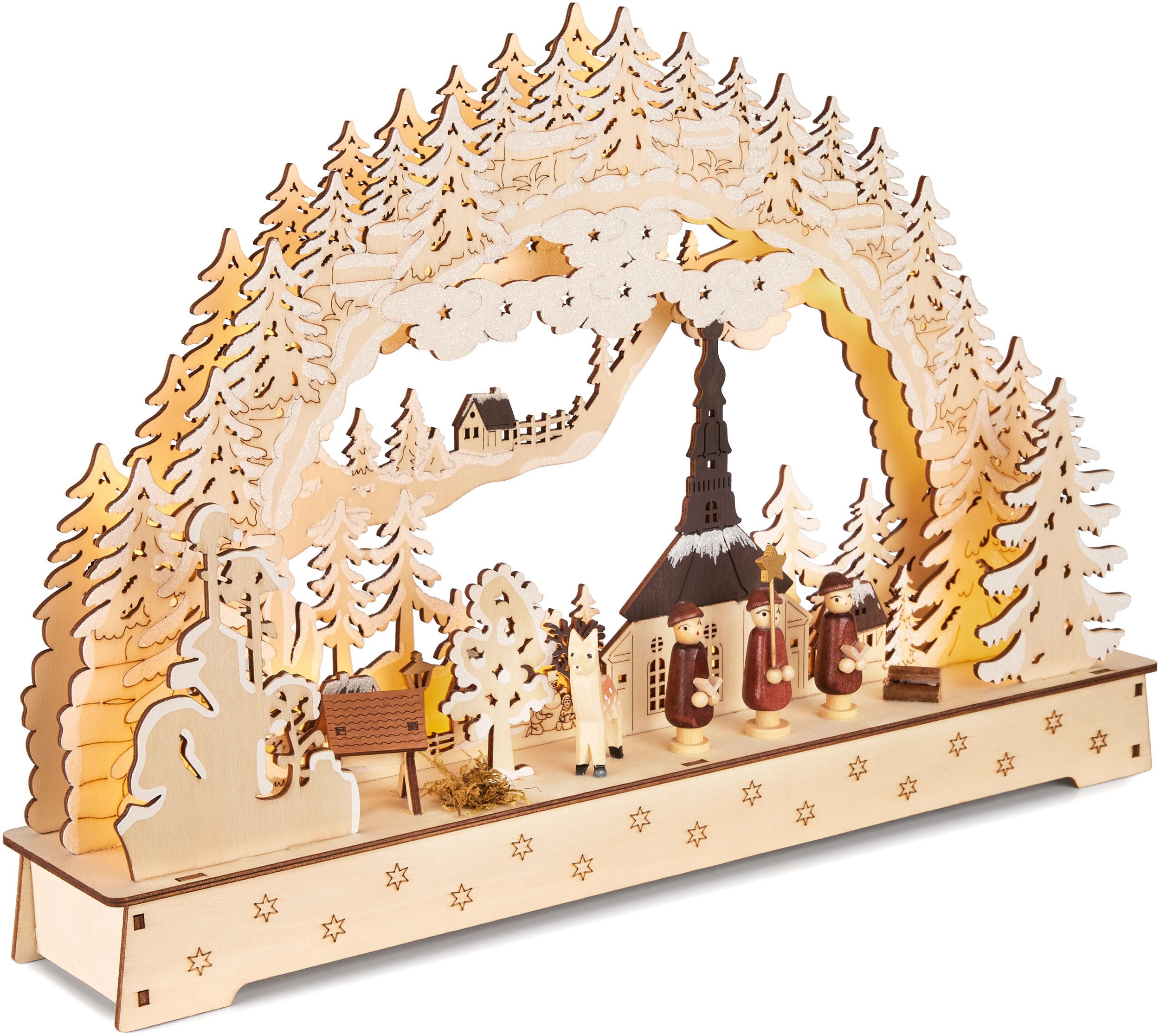 BRUBAKER LED Schwibbogen 3D Lichterbogen - Sternsinger - LED-Beleuchtung mit Batterie und Kabel (1-tlg), Holz Natur - 27 x 40 x 7,5 cm - Handbemalte Figuren