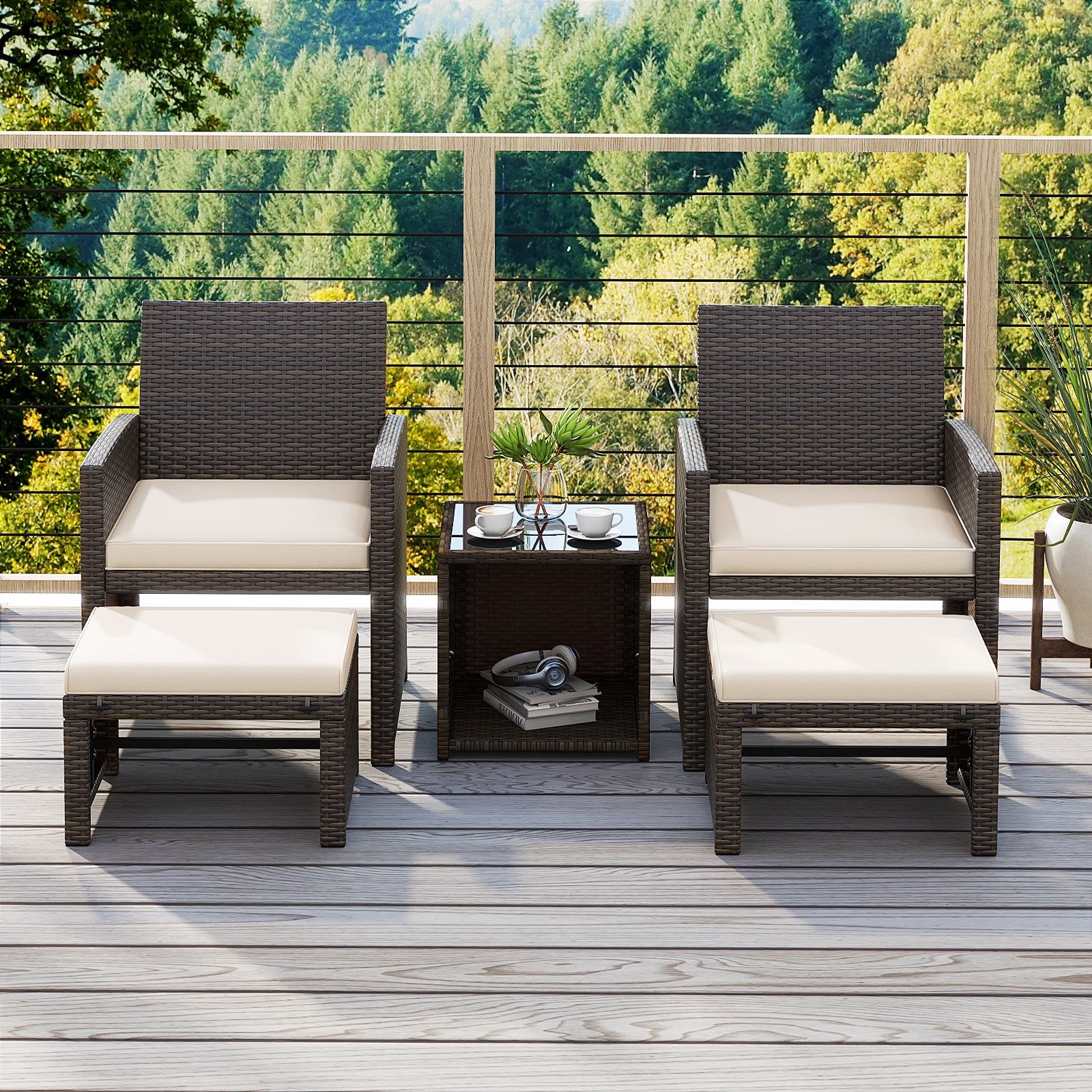 COSTWAY Balkonset, (5-tlg), Rattan, 2 Sessel, Tisch, Sitzkissen & Ottomane günstig online kaufen