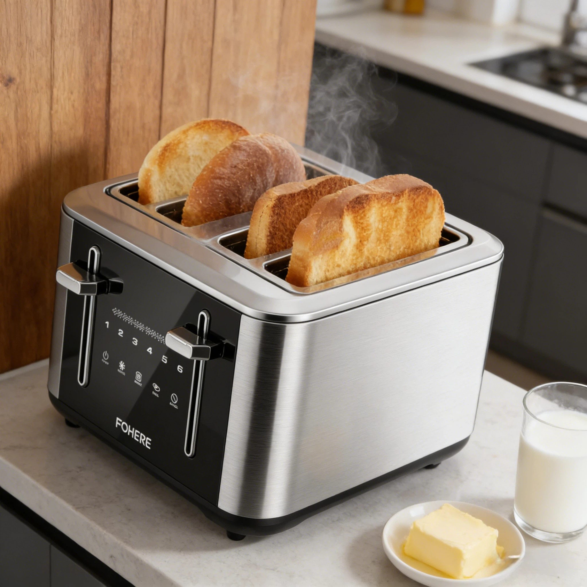 FOHERE Toaster 4 Scheiben, intelligente Speicherfunktion, 6 Bräunungsstufen, 1600 W, 1600 W