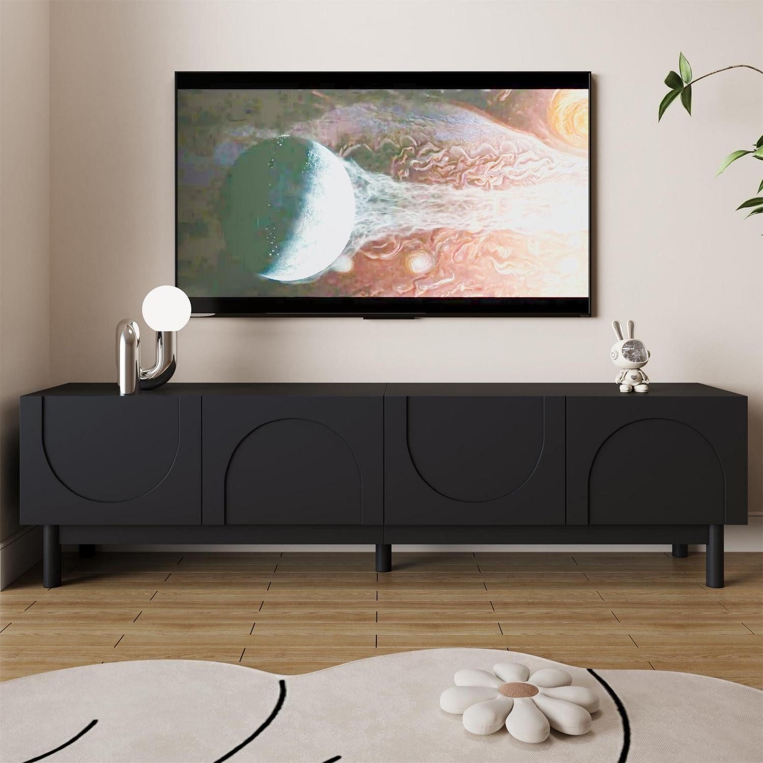 LuxusKollektion Lowboard TV Schrank Wellen Türen Stauraum Wohnzimmer Schwarz(169x35x45.5cm) (1 St)