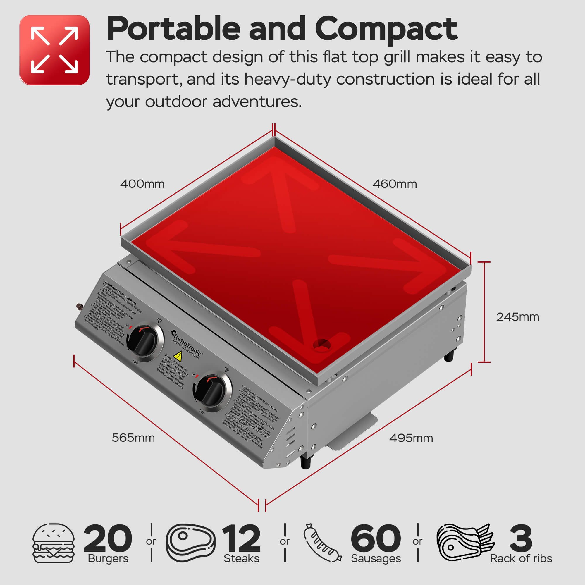 TurboTronic by Z-Line Gasgrill XXL 46x40 Edelstahl Grillplatte 2x3,15 kW Brenner mit Turbofunktion, 6,3kW (22.000 BTU), Piezo-Zündung, 46 × 40 cm Grillfläche, für perfekte Smash Burger Plancha Griddle Camping BBQ