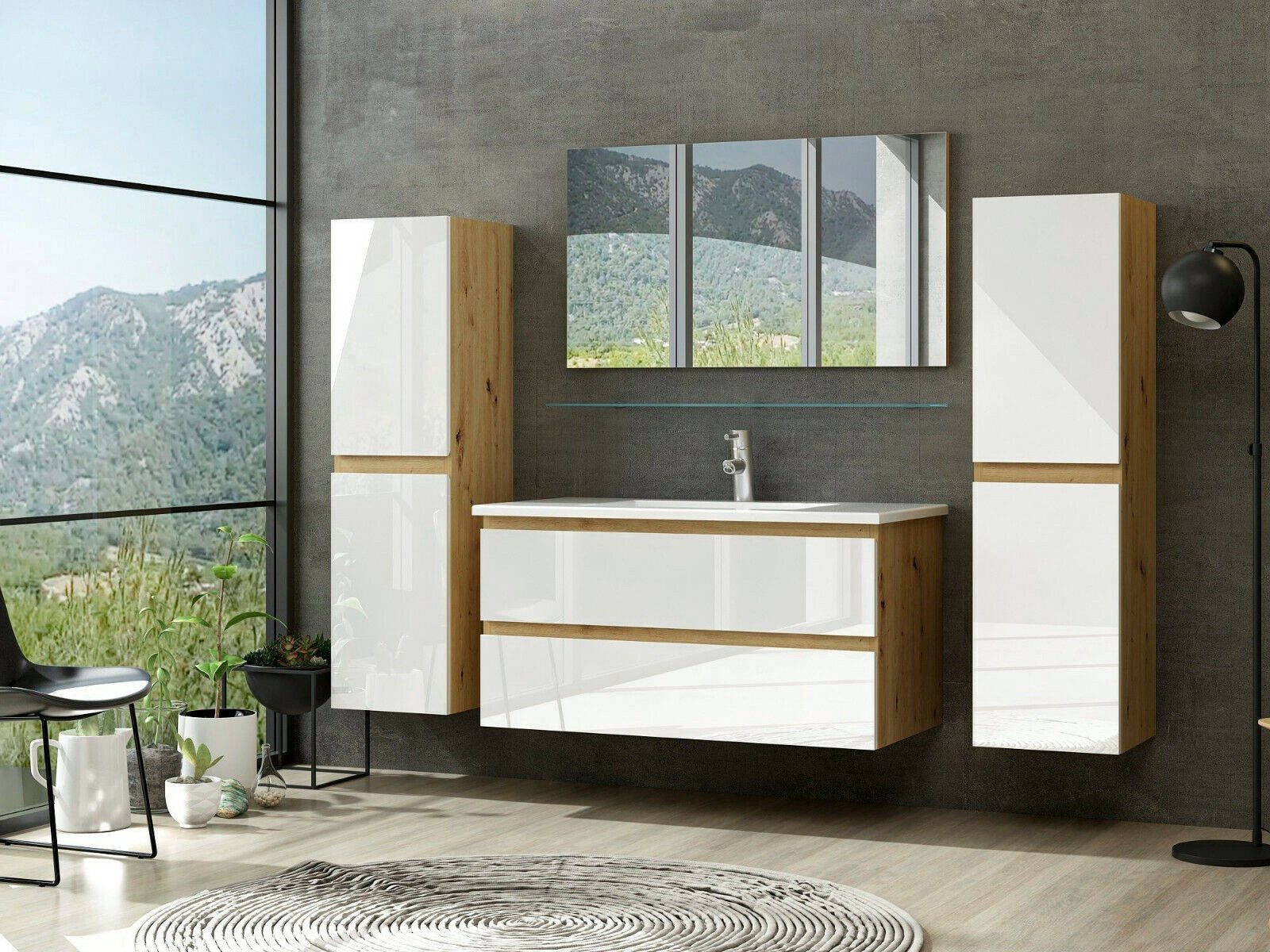 Homeline Badmöbel-Set Leonard-90-1x H, (Badmöbel Set Eiche Artizan/ Weiss Hochglanz Badezimmermöbel 5 Teilg Leonard 90 cm, 5-St)