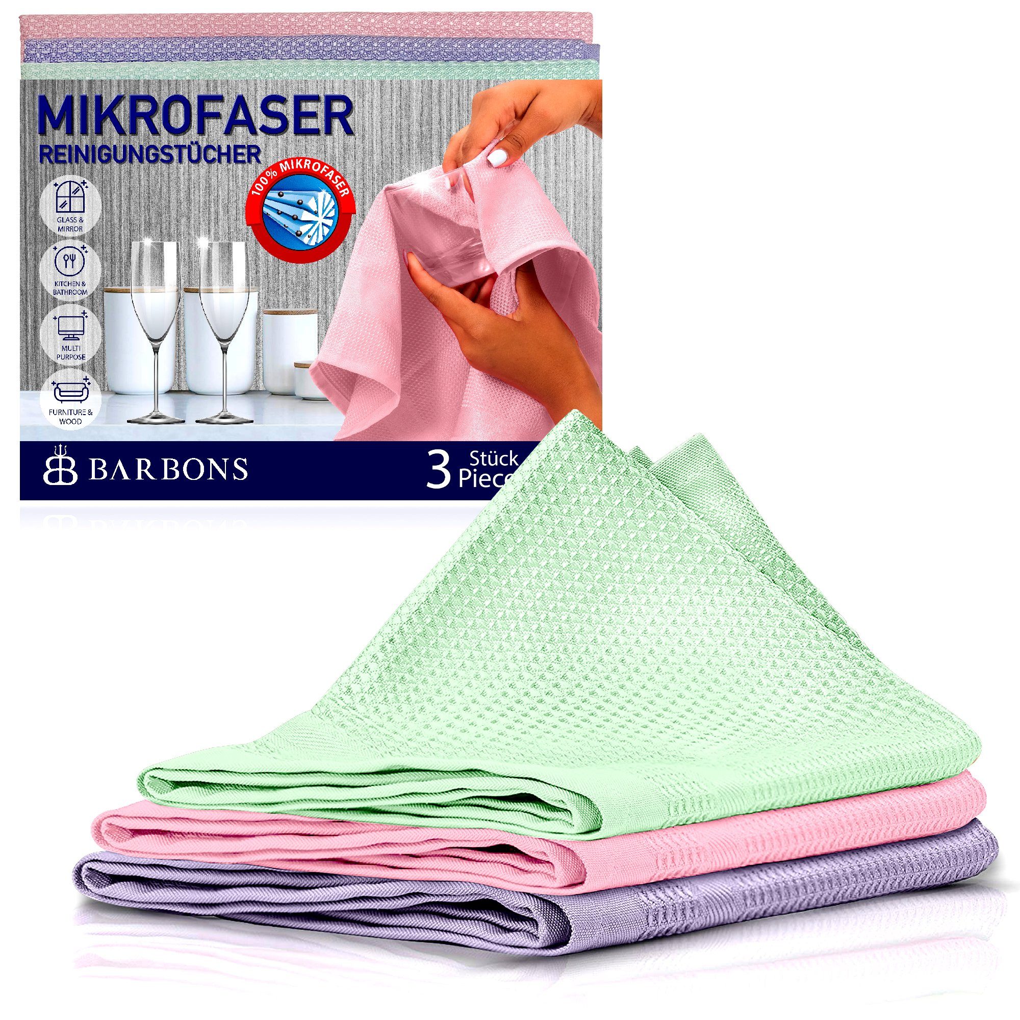 BARBONS Mikrofasertücher Geschirrtücher Allzwecktücher Fenstertücher Mikrofasertuch (100% Mikrofaser, 60x40 cm, 1 Packung, 3-tlg., Allzwecktücher, Streifenfrei, Staubfrei Auto) Rosa/Mint/Flieder