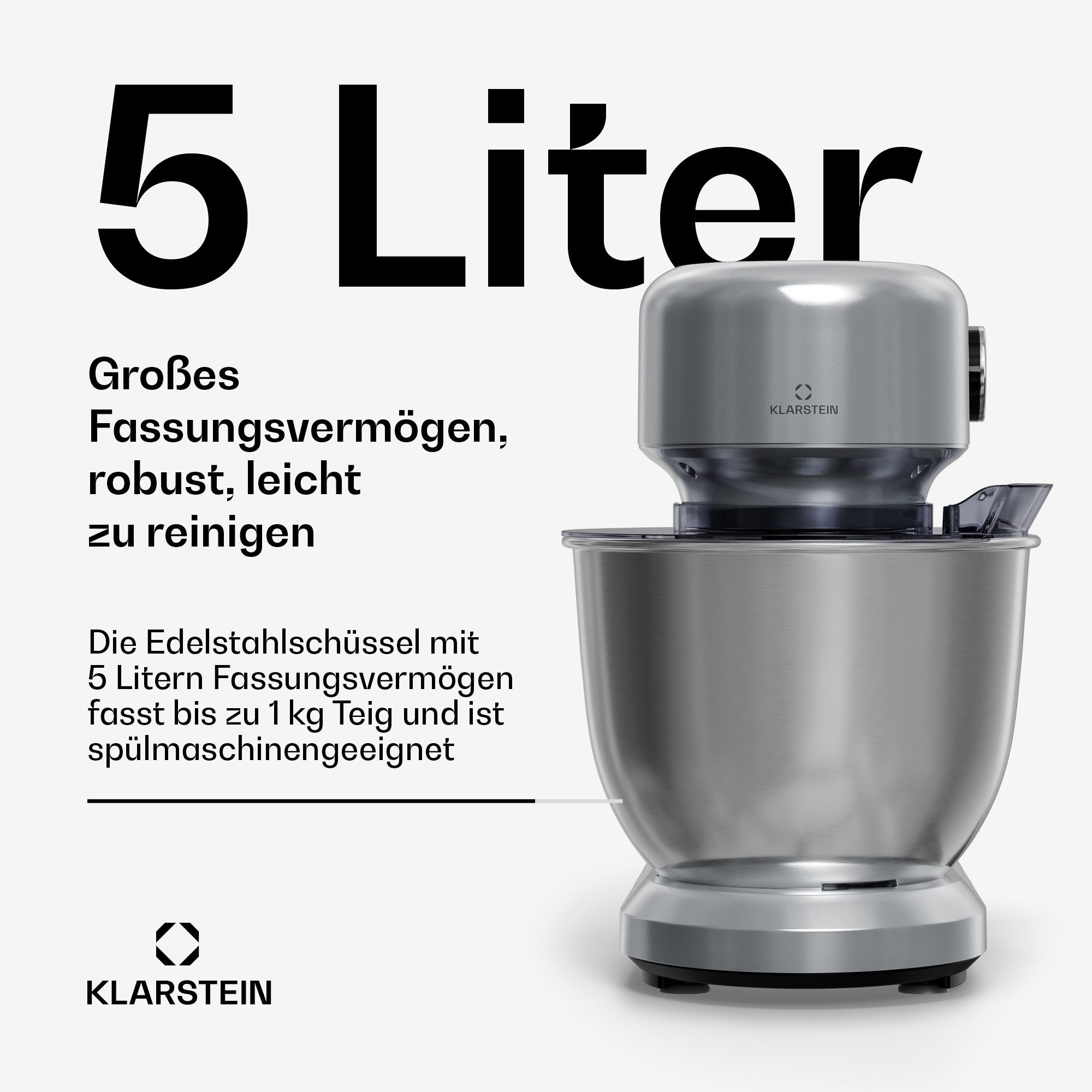 Klarstein Küchenmaschine mit Kochfunktion, 1500 W, 5 l Schüssel, Kompakt Küche maschine 5 L 12 Stufe Pulsfunktion 1500 W Silber