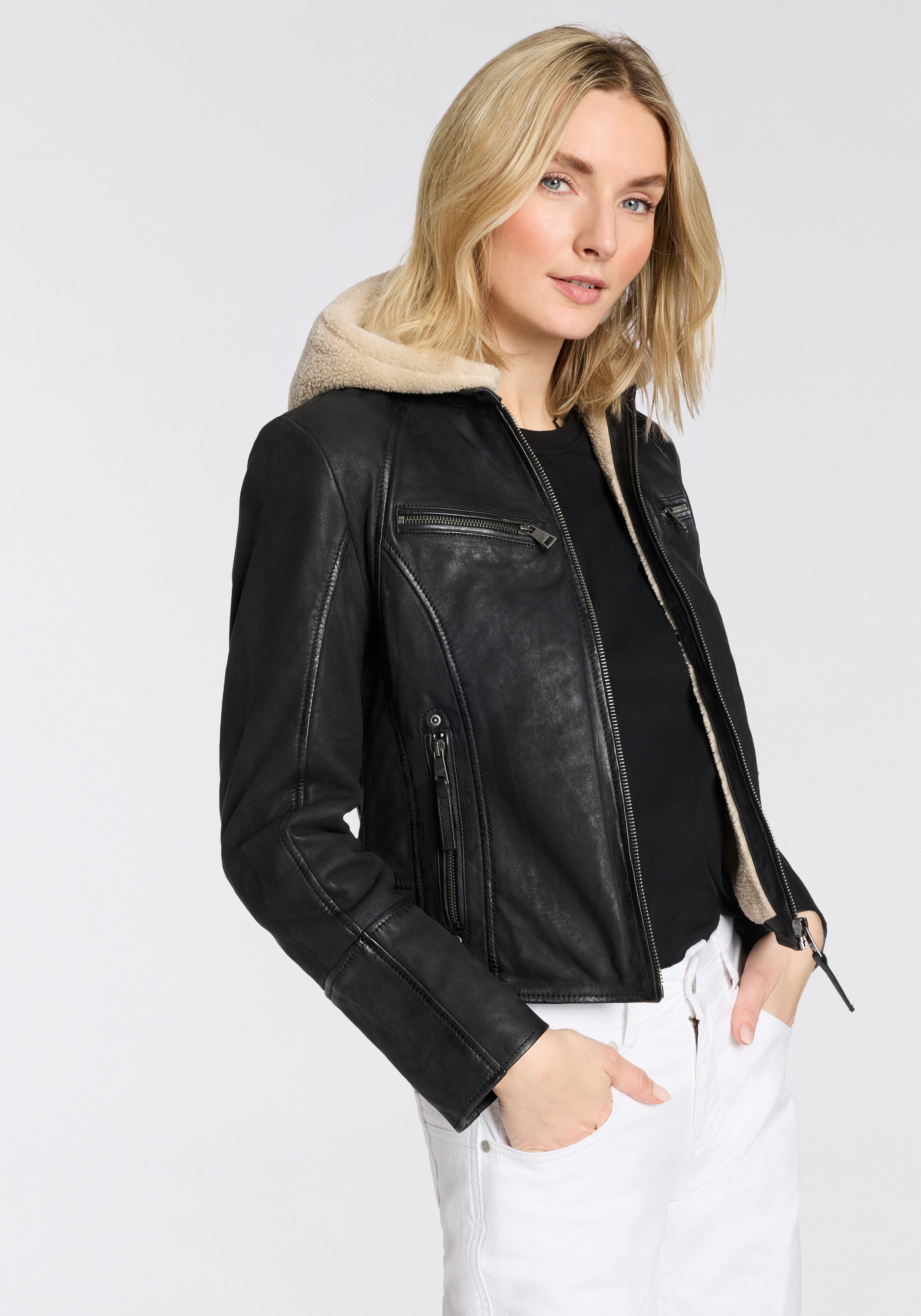 Mauritius Lederjacke MWNedra mit abknöpfbarer Teddyplüsch-Kapuze