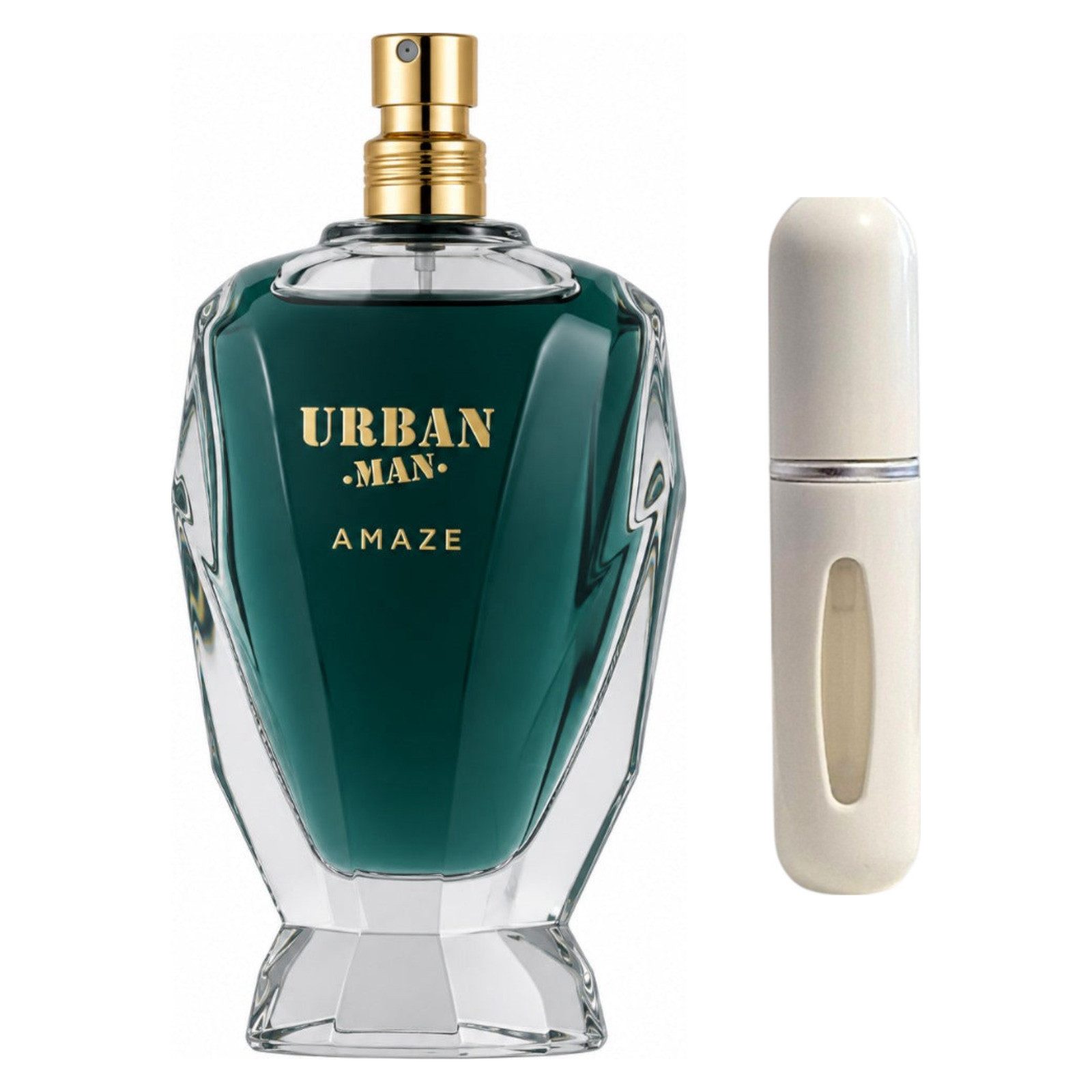 Fragrance World Duft-Set Urban Man Amaze EDP – Aromatisch Holzig + Parfümzerstäuber (leer)