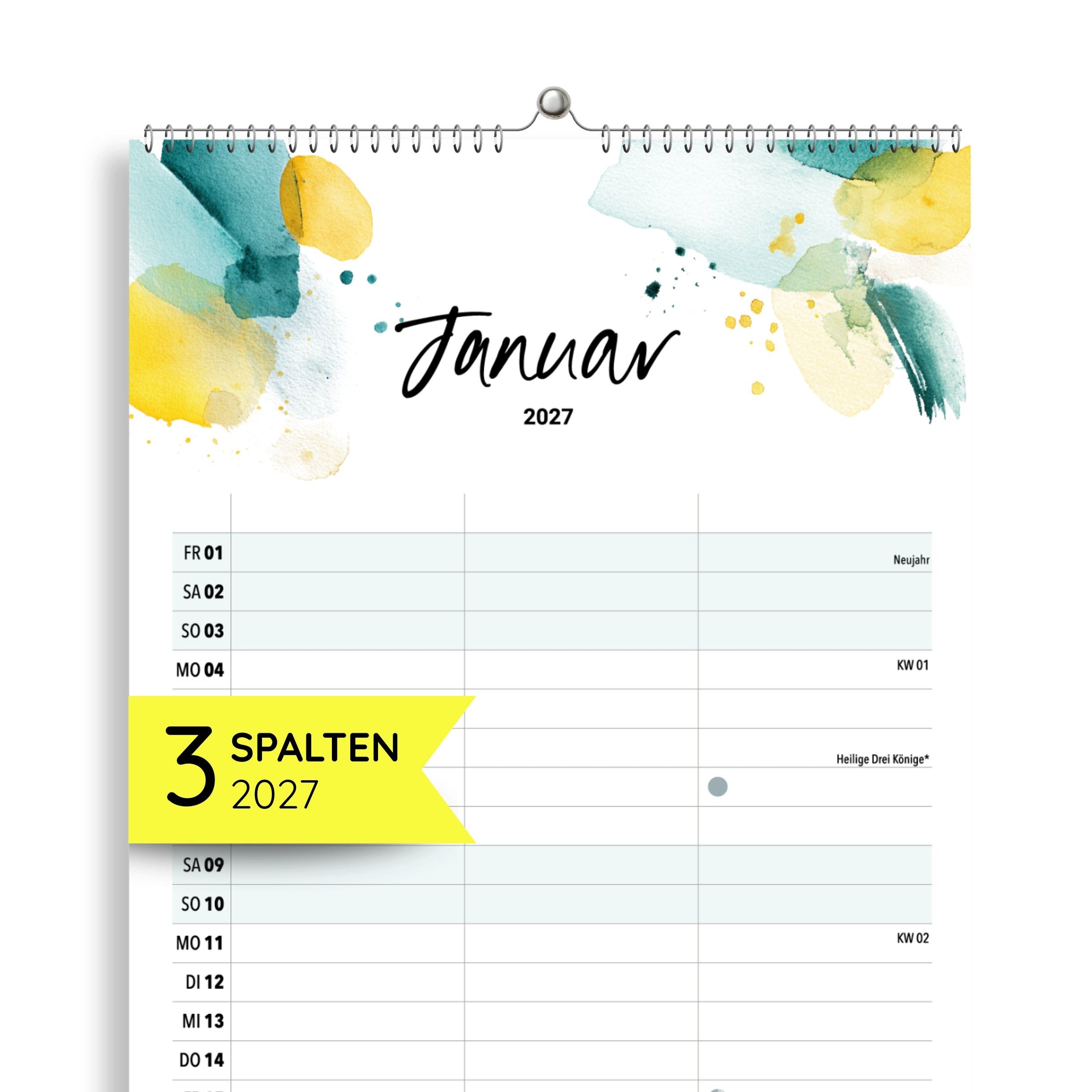 heaven+paper Partnerkalender Paarplaner Splash 3 Spalten 2027 künstlerisch, hochwertig, Hergestellt in Deutschland