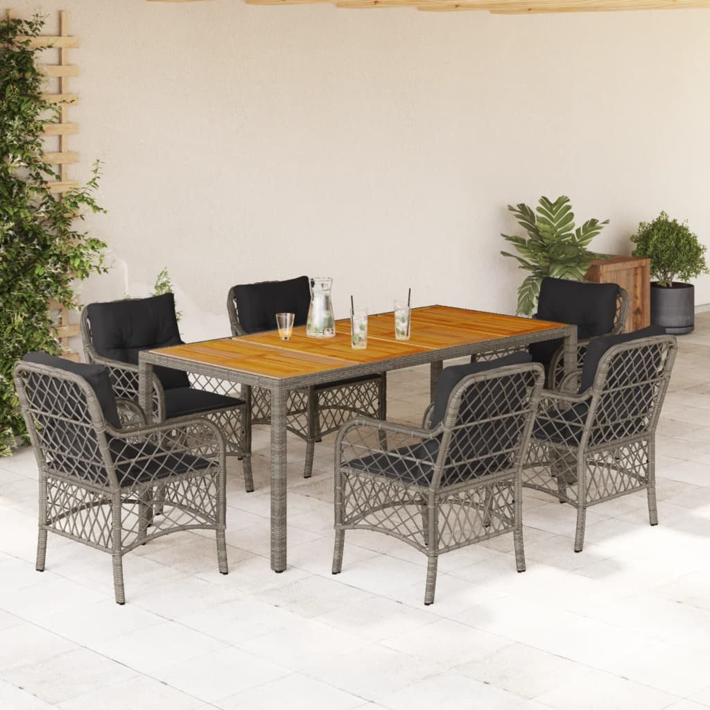 vidaXL Garten-Essgruppe 7-tlg. Garten-Essgruppe mit Kissen Grau Poly Rattan, (6-tlg)