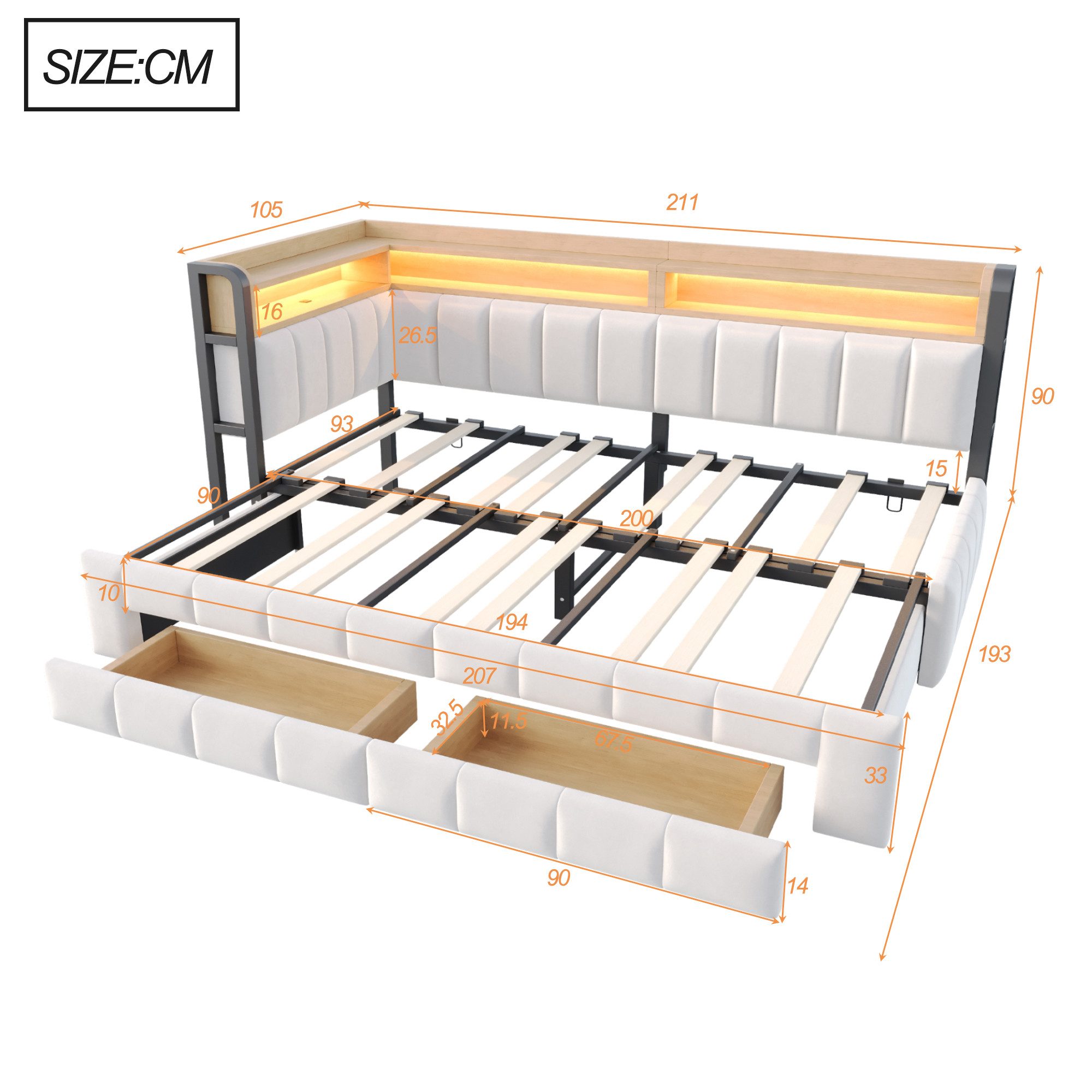 Celya Polsterbett Schlafsofa 90/180 × 200 cm Mit Ausziehbarem Bettteil und Schubladen (ohne Matratze, Mit LED-Beleuchtung, USB- und Typ-C-Anschlüssen), Mit Abla – Bild 2 von 5