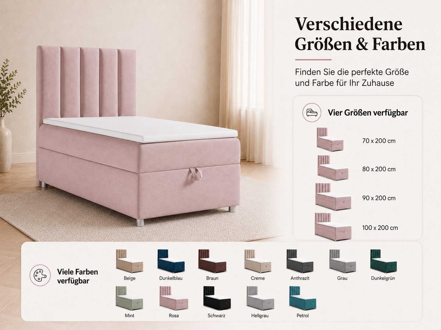 Best for Home Boxspringbett Trinity K10 SINGLE mit Bettkasten & Bonellfederkern, Komfort Topper H3 (Einzelbett, Polsterbett gepolstertes Kopfteil, Jugendbett, Kinderbett versch. Größen, 1-St., 70x200 80x200 90x200 100x200 cm), Stauraum unter dem Bett; Ergonomischer Schlafkomfort; Massivholzrahmen