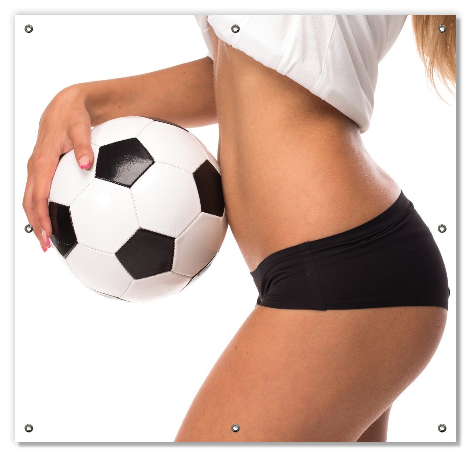 Sonnenschutz Fußball - sexy Frau mit einem Fußball, Wallario, blickdicht, mit Saugnäpfen, wiederablösbar und wiederverwendbar