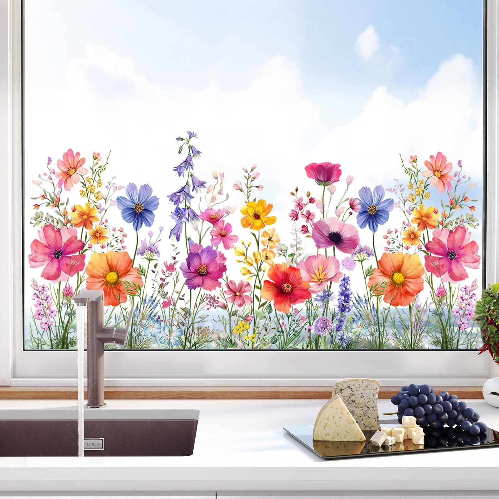 FOUORTUNATE-BEE Fenstersticker Fensterfolie Blumen bunt statisch beidseitig ablösbar Dekor, Für Fenster Glas Tür Wohnzimmer Büro Deko Vogelschutz Folie
