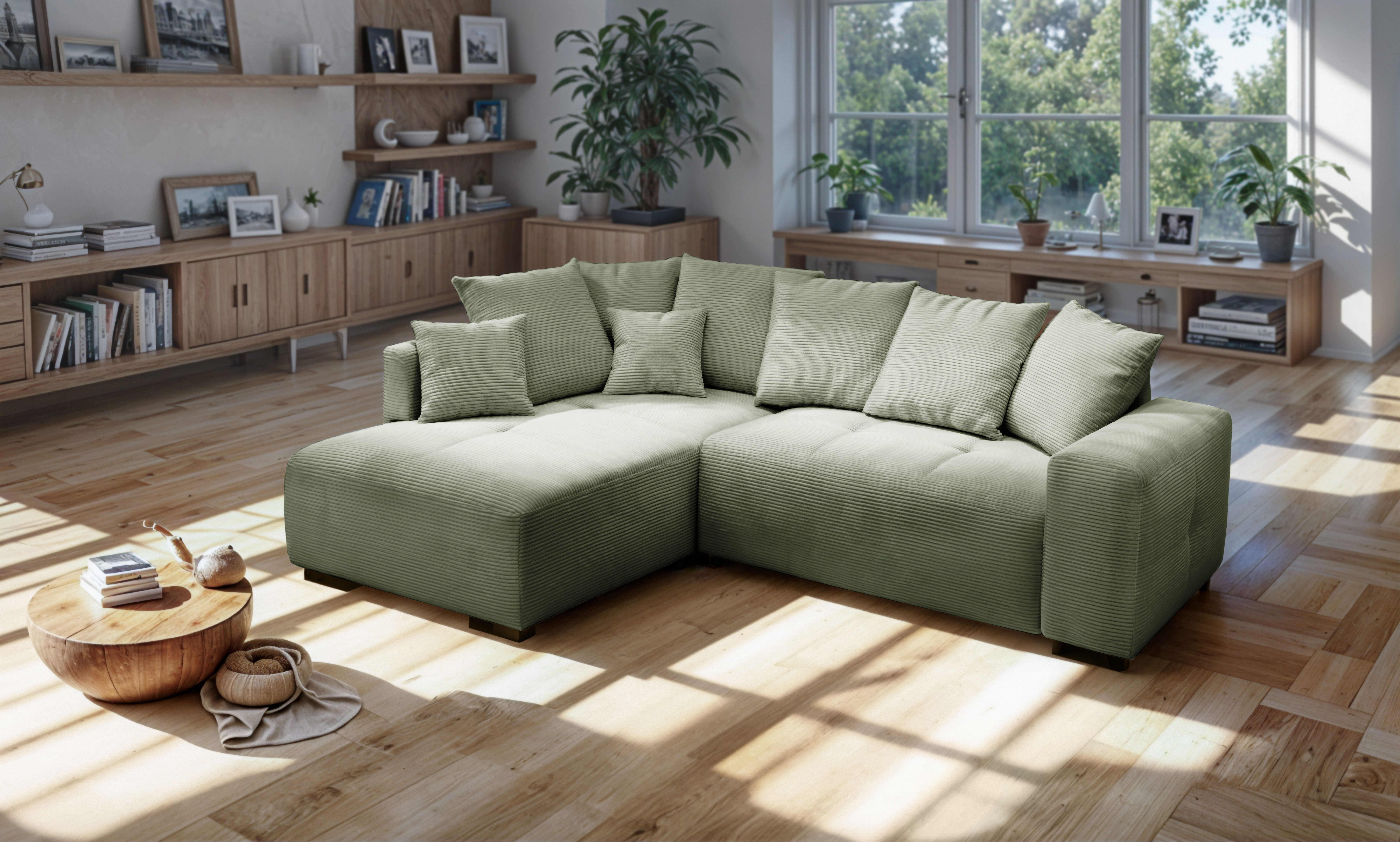 exxpo - sofa fashion Ecksofa Arpino, elegant & bequem, Ottomane beidseitig montierbar, L-Form, Breite 243cm, komfortable Wellenunterfederung, moderner Cord Bezug