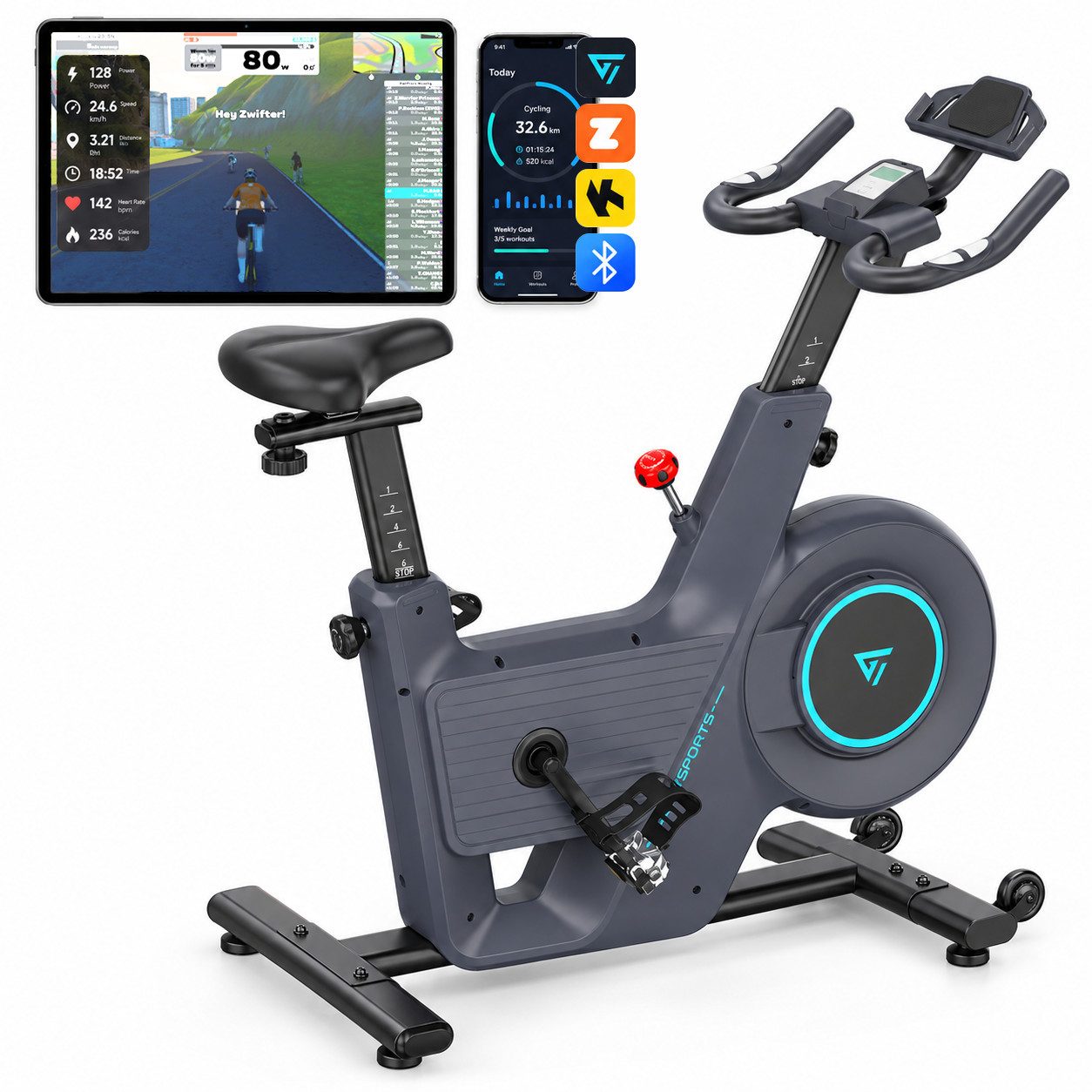 CITYSPORTS Heimtrainer Fahrrad für Zuhause,Leise Indoor Fitnessbike mit Bluetooth APP, stufenlosem Magnetwiderstand, Pulsmessung, LED-Licht, bis 120 kg
