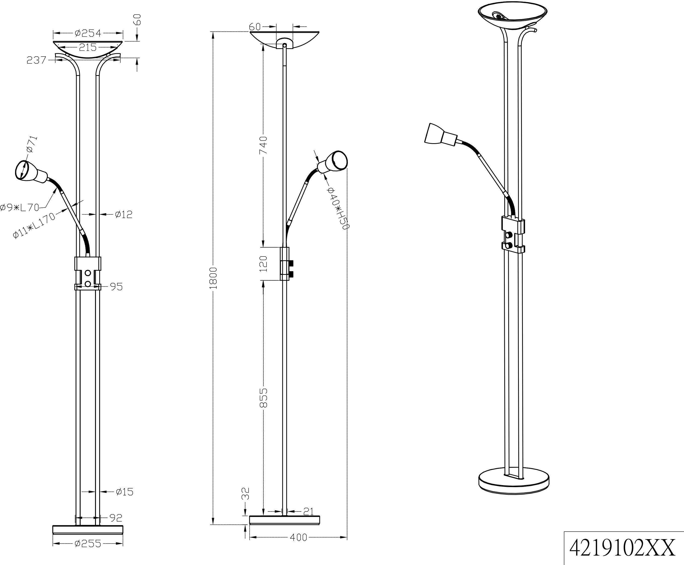 LED TRIO LED Dimmer,Flexibel Deckenfluter Santo integriert, Leuchten II, Warmweiß, nickelfarben Lesearm, fest Dimmfunktion, integrierter