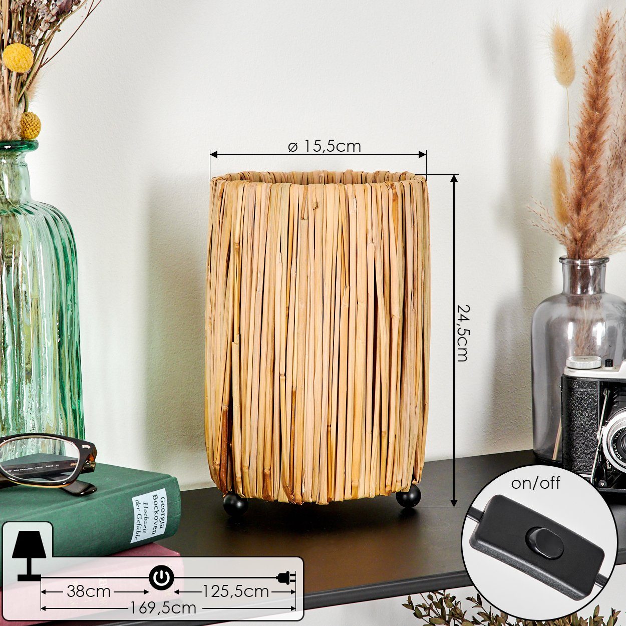 hofstein Tischleuchte moderne Boho Tischlampe aus Metall/Rattan in Schwarz/Natur, ohne Leuchtmittel, Nachttischlampe An-/Ausschalter, Lichteffekt, 1xE27, ohne L – Bild 4 von 5