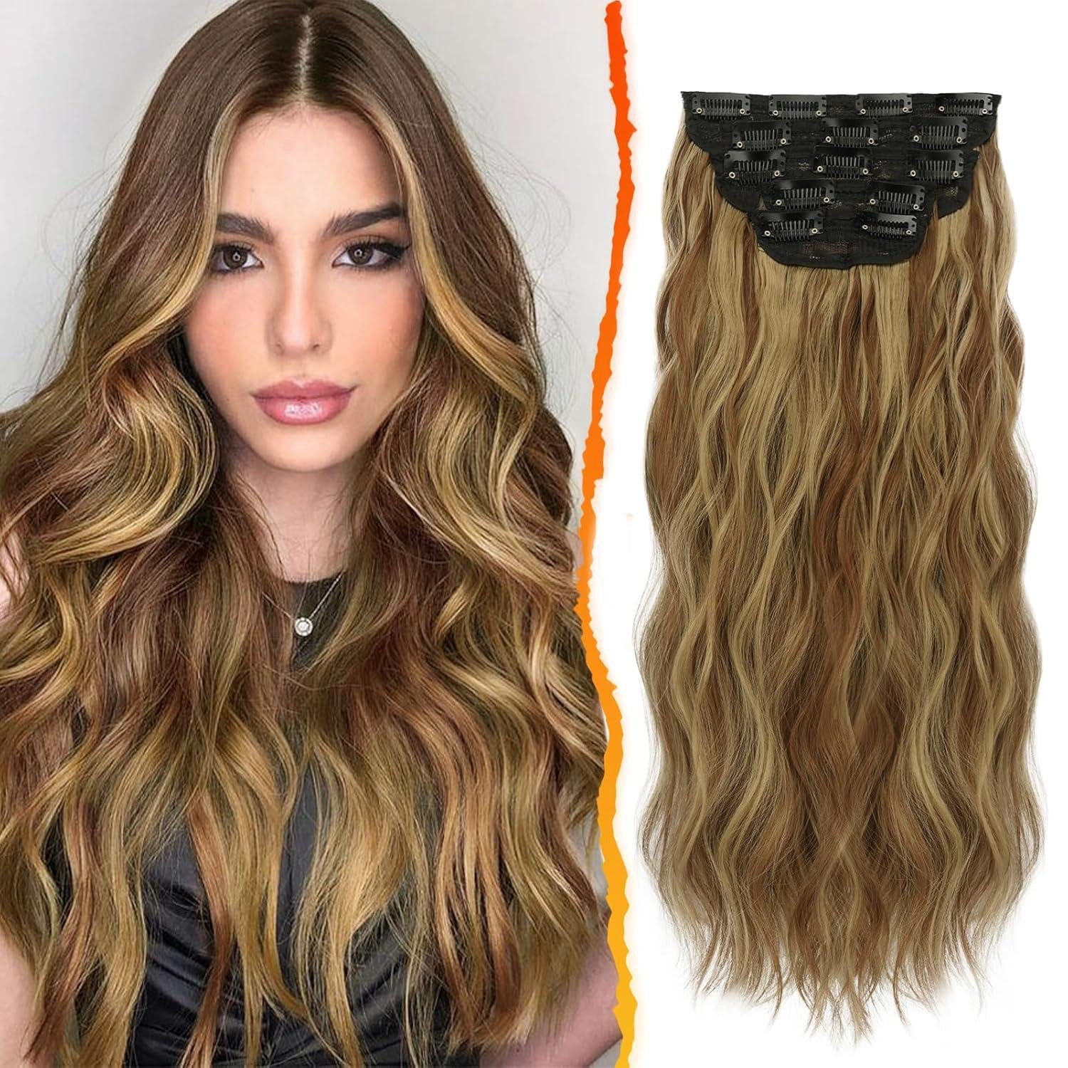 Kunsthaar-Extension Clip in Extensions, 5 PCS Haarverlängerungen 45 cm Wave Braun mit