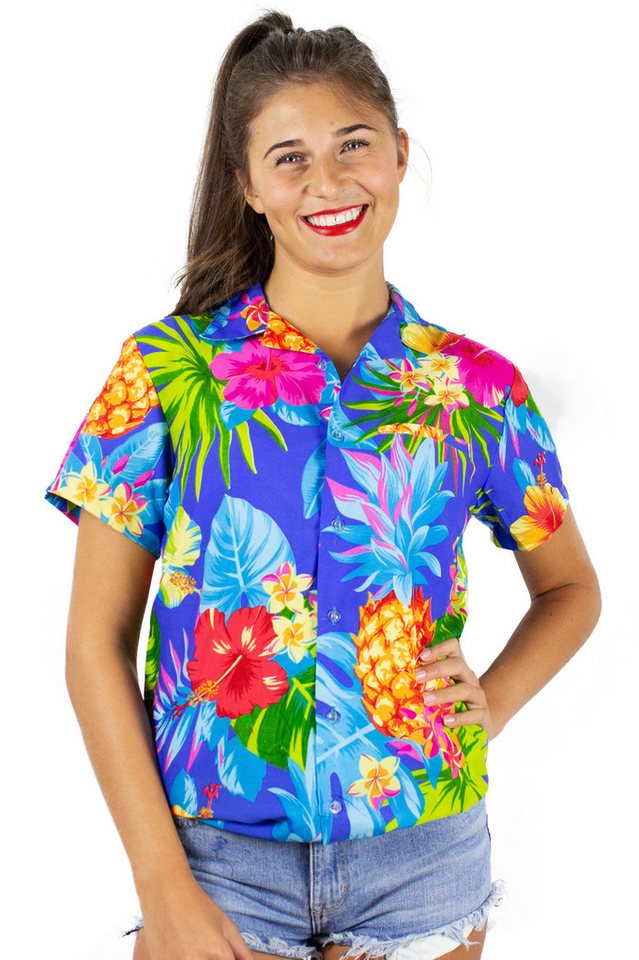 King Kameha Hawaiihemd Pineapple Funky Hawaiibluse Damen Kurzarm Front-Tasche Stylish
